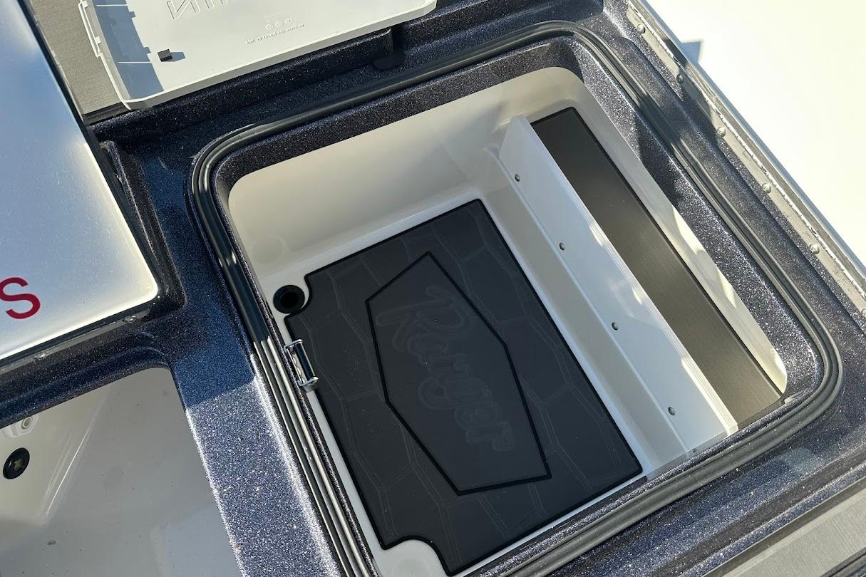 Open storage compartment of 2026 Ranger Z521R Garmin Cup-Equipped boat.