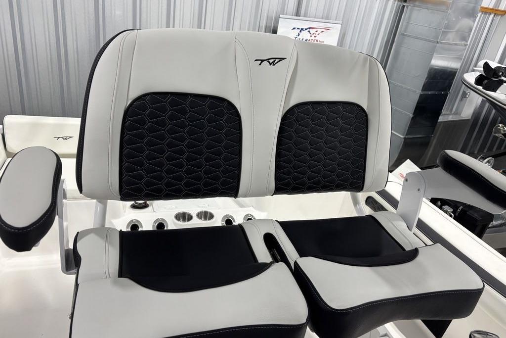 2026 Tidewater 198 CC Adventure boat seats with black and gray upholstery.