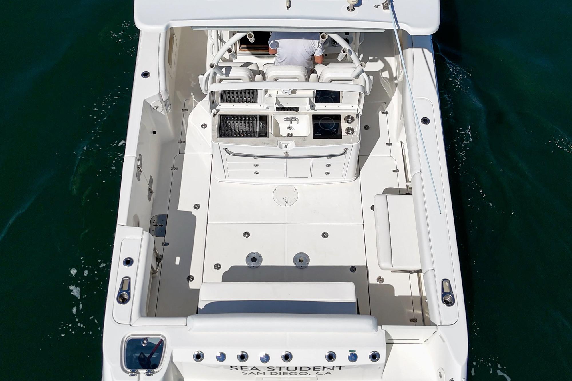2015 Boston Whaler 370 Outrage boat, aerial view, spacious deck, white interior, San Diego.