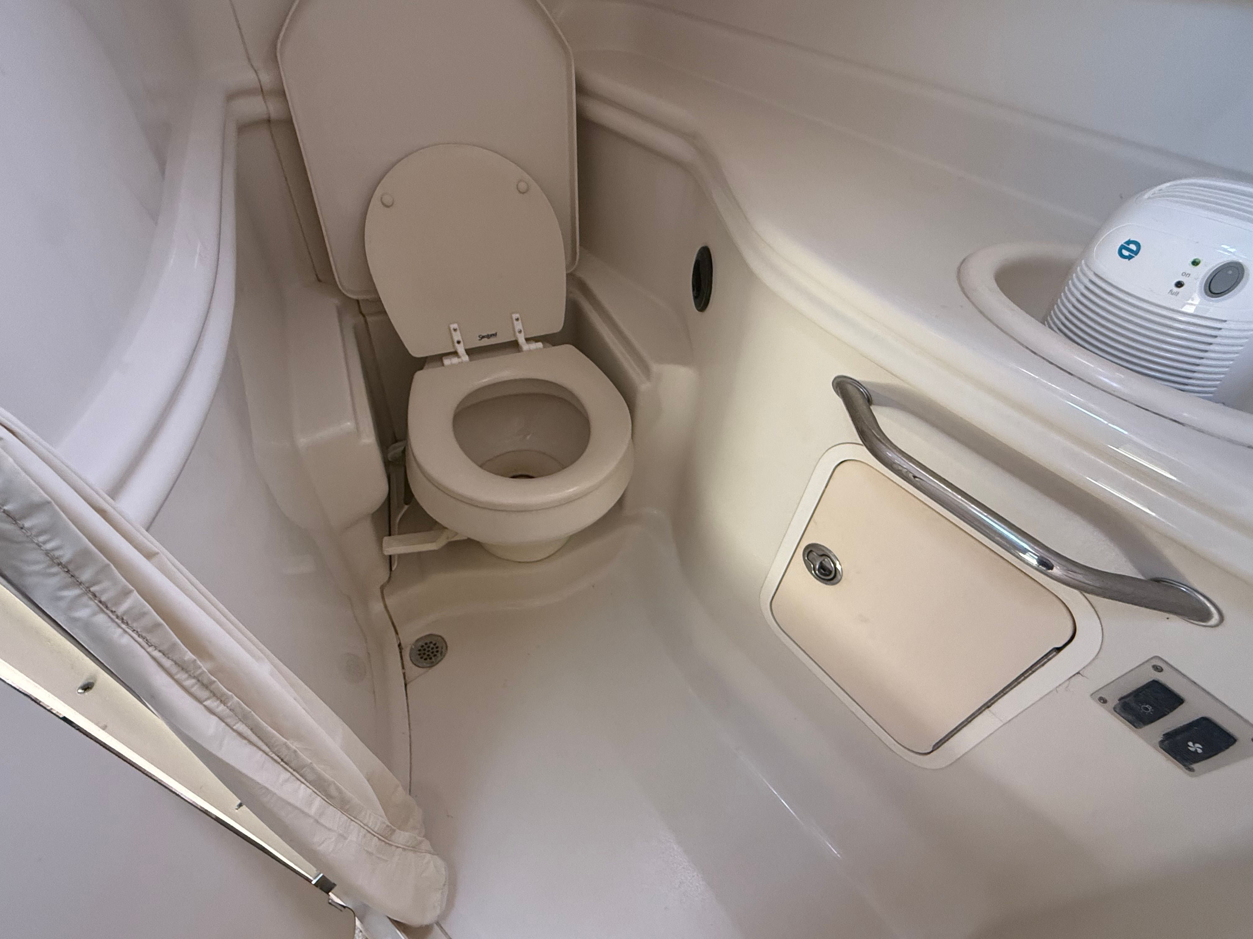 Interior view of a boat bathroom with a white toilet and sink.