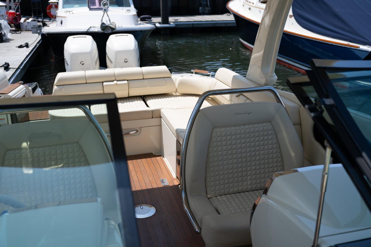 2021 Chris-Craft Launch GT boat interior with luxurious seating and elegant design.