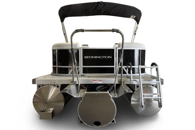 2026 Bennington 22 SSRSF pontoon boat, rear view with ladder and canopy.