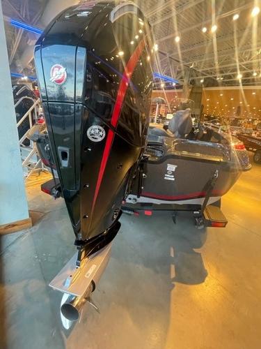 2025 Nitro ZV19 boat with powerful outboard motor in showroom.
