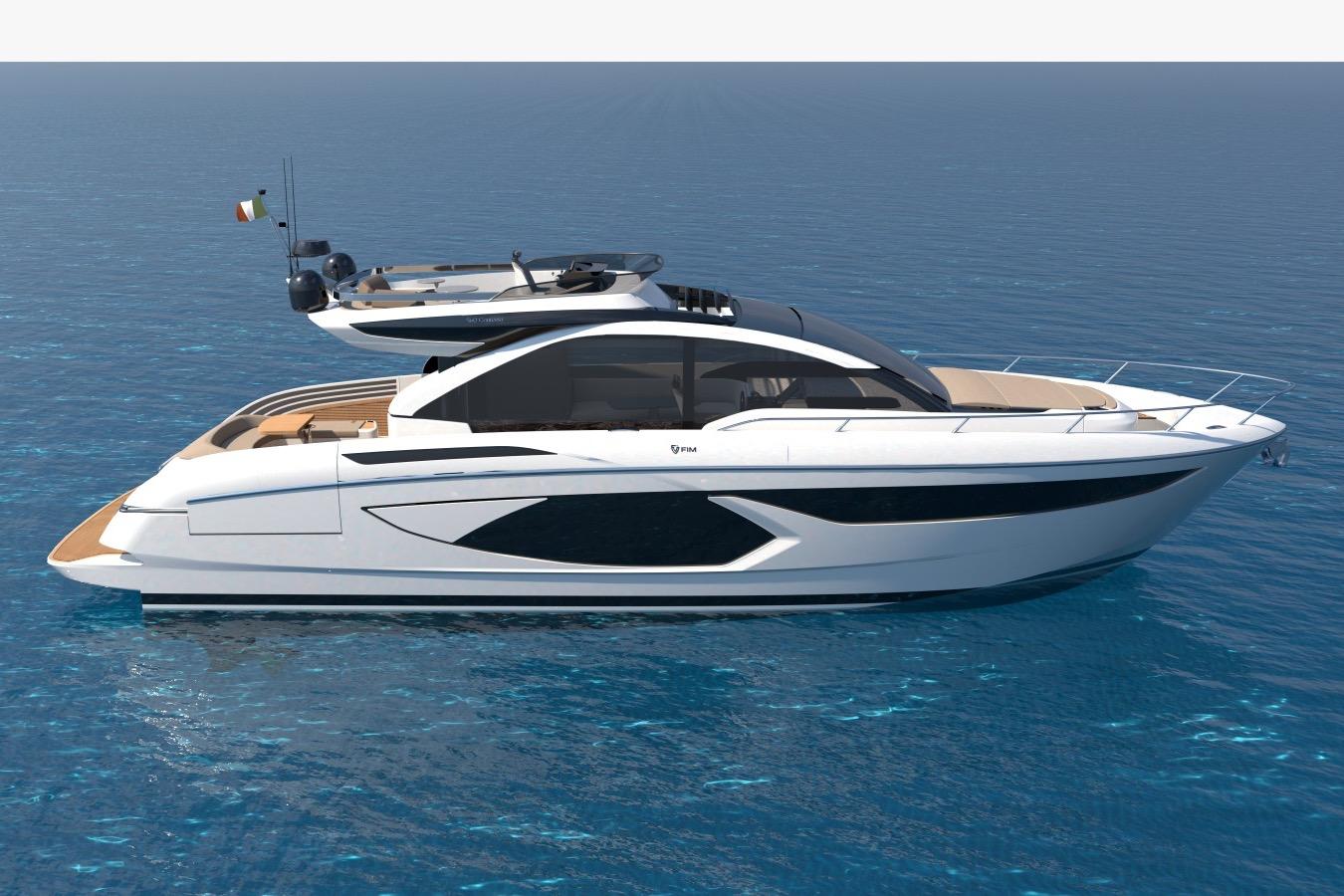Luxury 2026 FIM 580 Contessa yacht cruising on clear blue ocean waters.