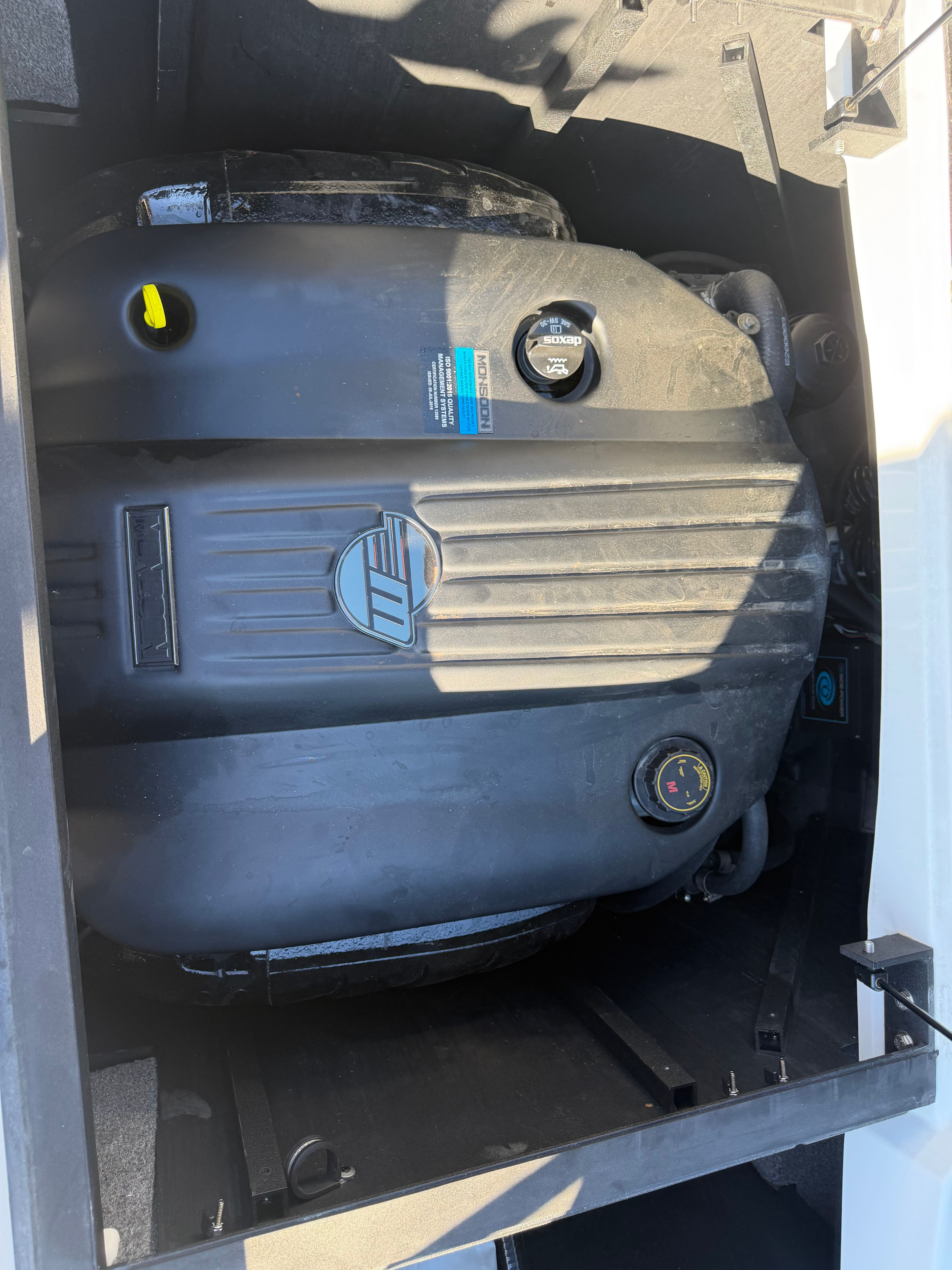 Engine compartment of a 2021 Malibu Wakesetter 23 LSV with visible engine.