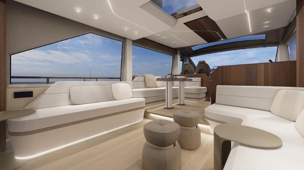 Luxurious interior of 2025 Aicon Vivere 68 yacht with modern seating and panoramic windows.