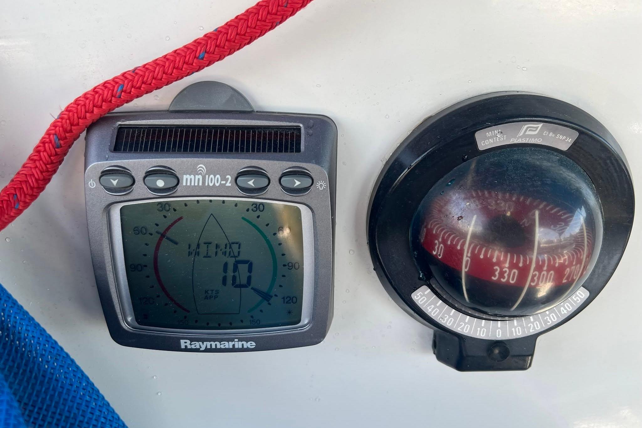 Raymarine wind instrument and compass on Corsair F-27, 1993 model sailboat.