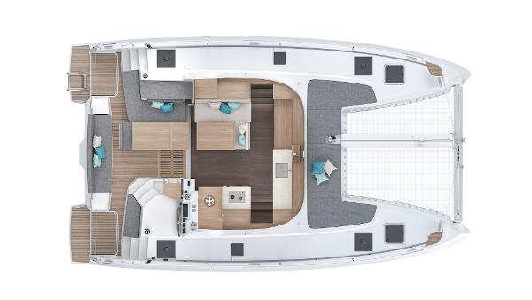 Top view of 2025 Lagoon 38 catamaran layout, featuring spacious deck and modern interior design.