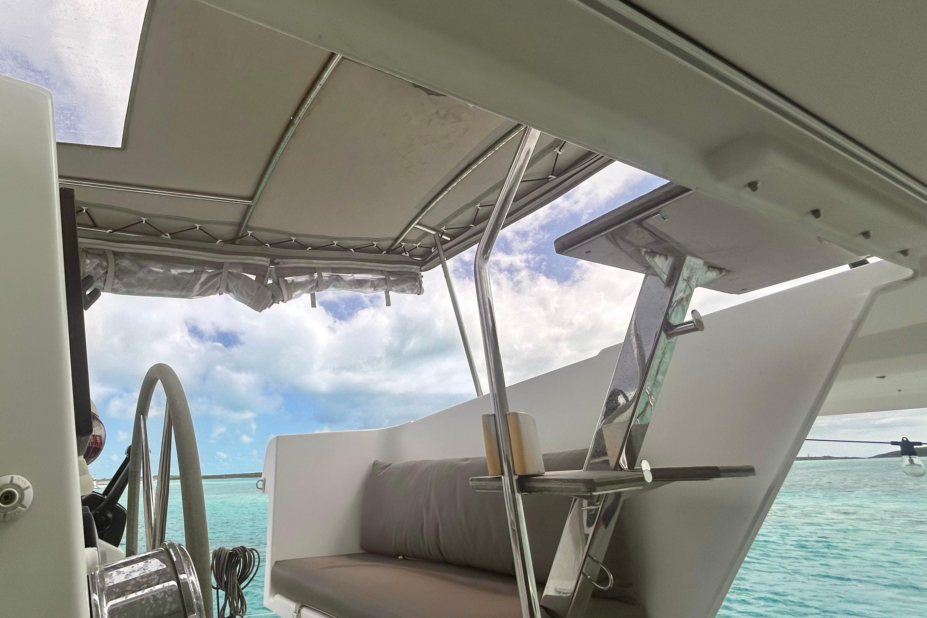 2018 Fountaine Pajot Lucia 40 yacht interior with ocean view and seating area.