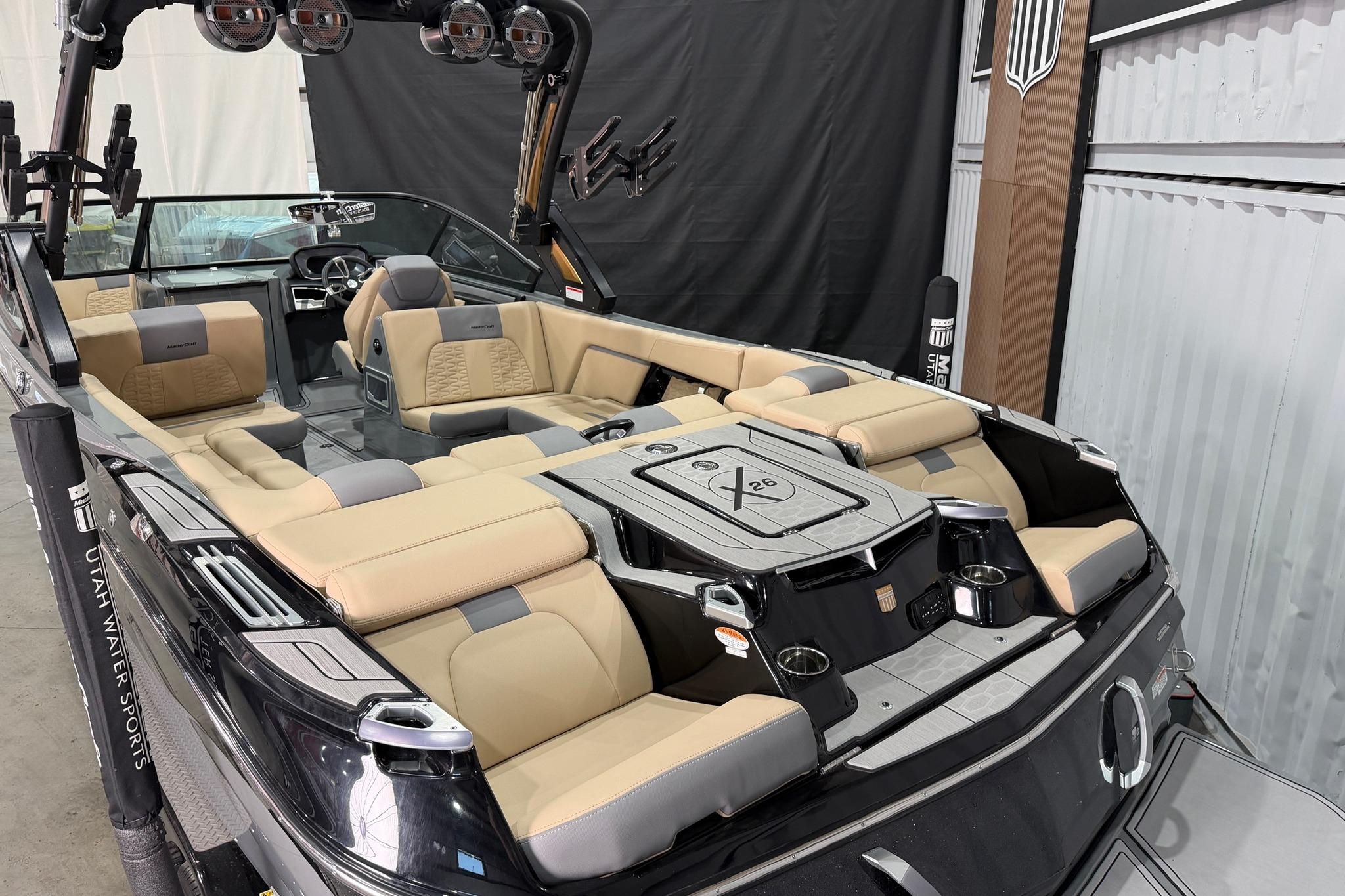 2022 MasterCraft X26 boat interior with luxurious seating and modern design.