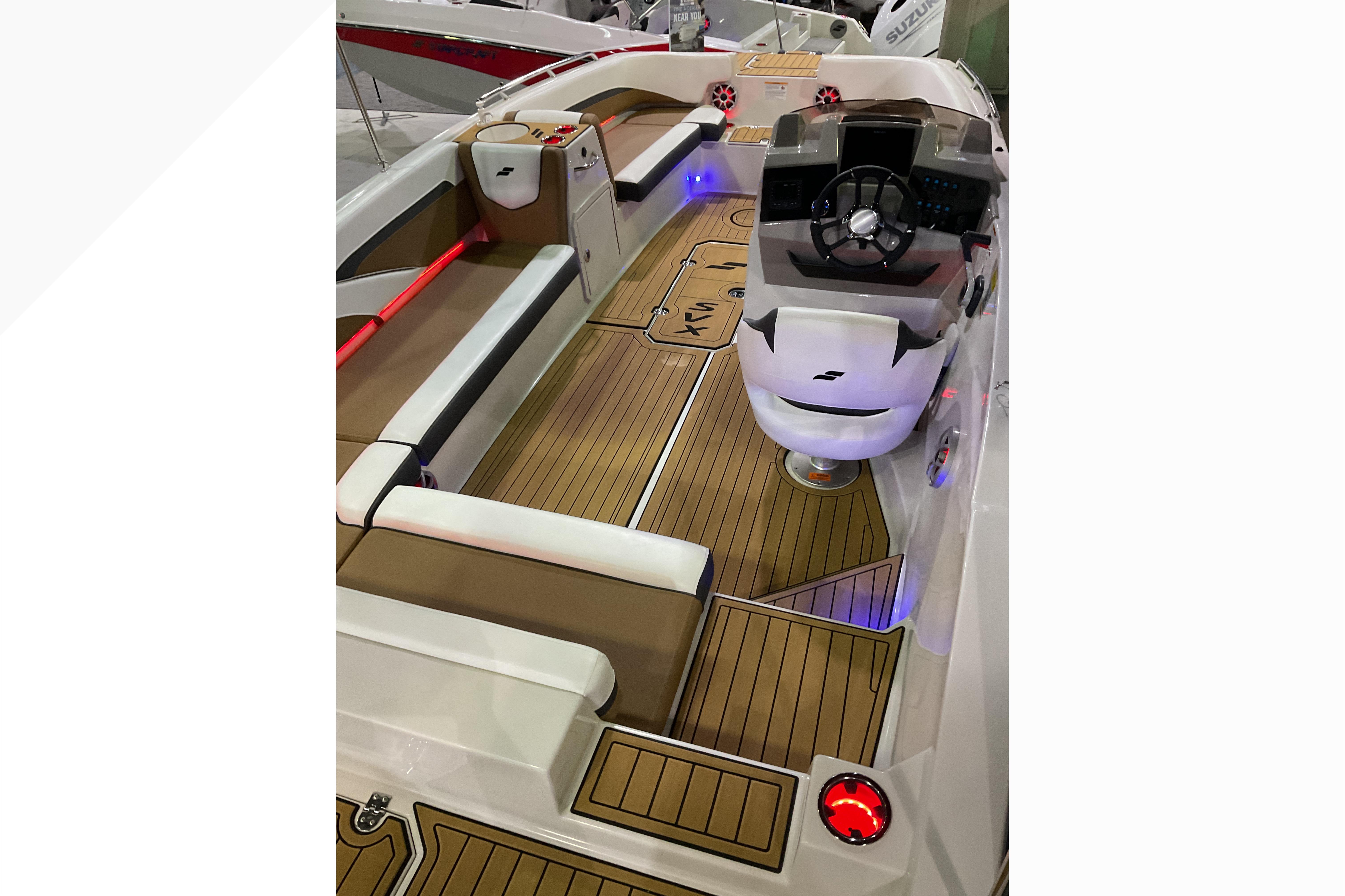2026 Starcraft SVX 211 OB boat interior with modern seating and sleek dashboard design.