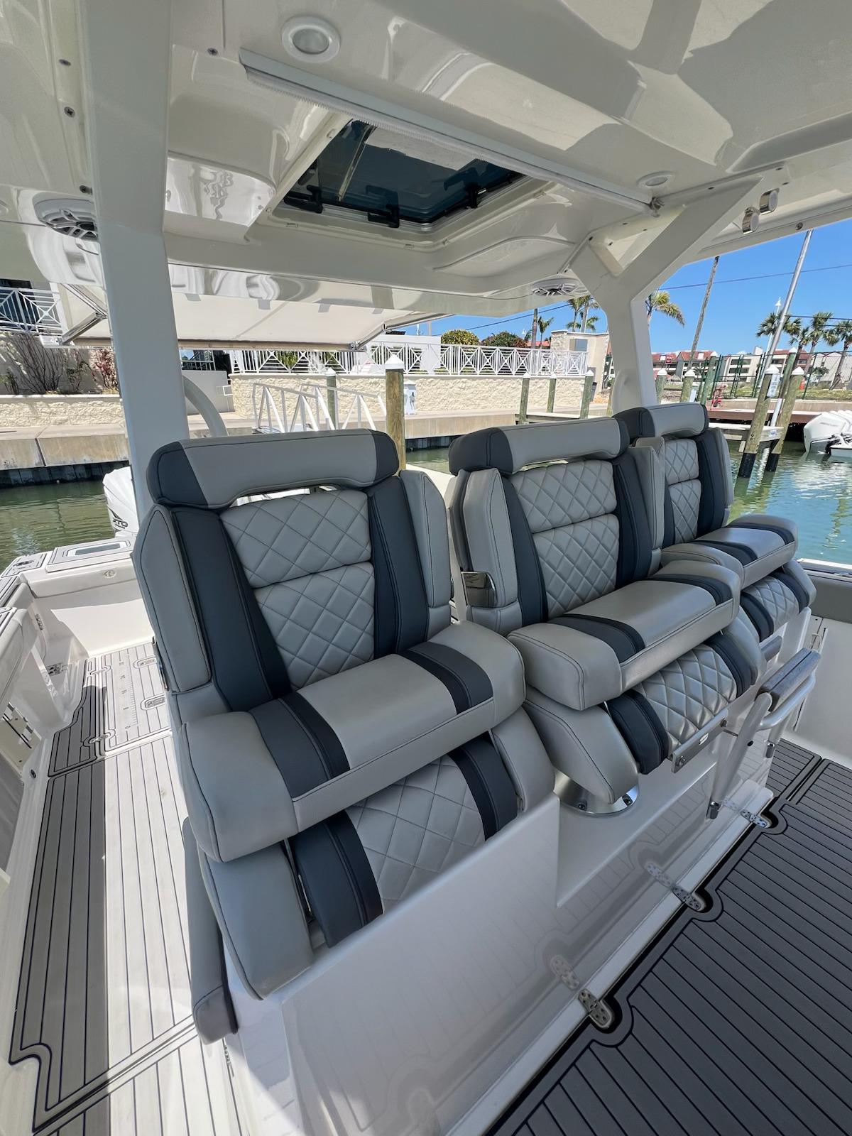 2023 Pursuit S 378 Sport boat with luxurious seating and modern design.