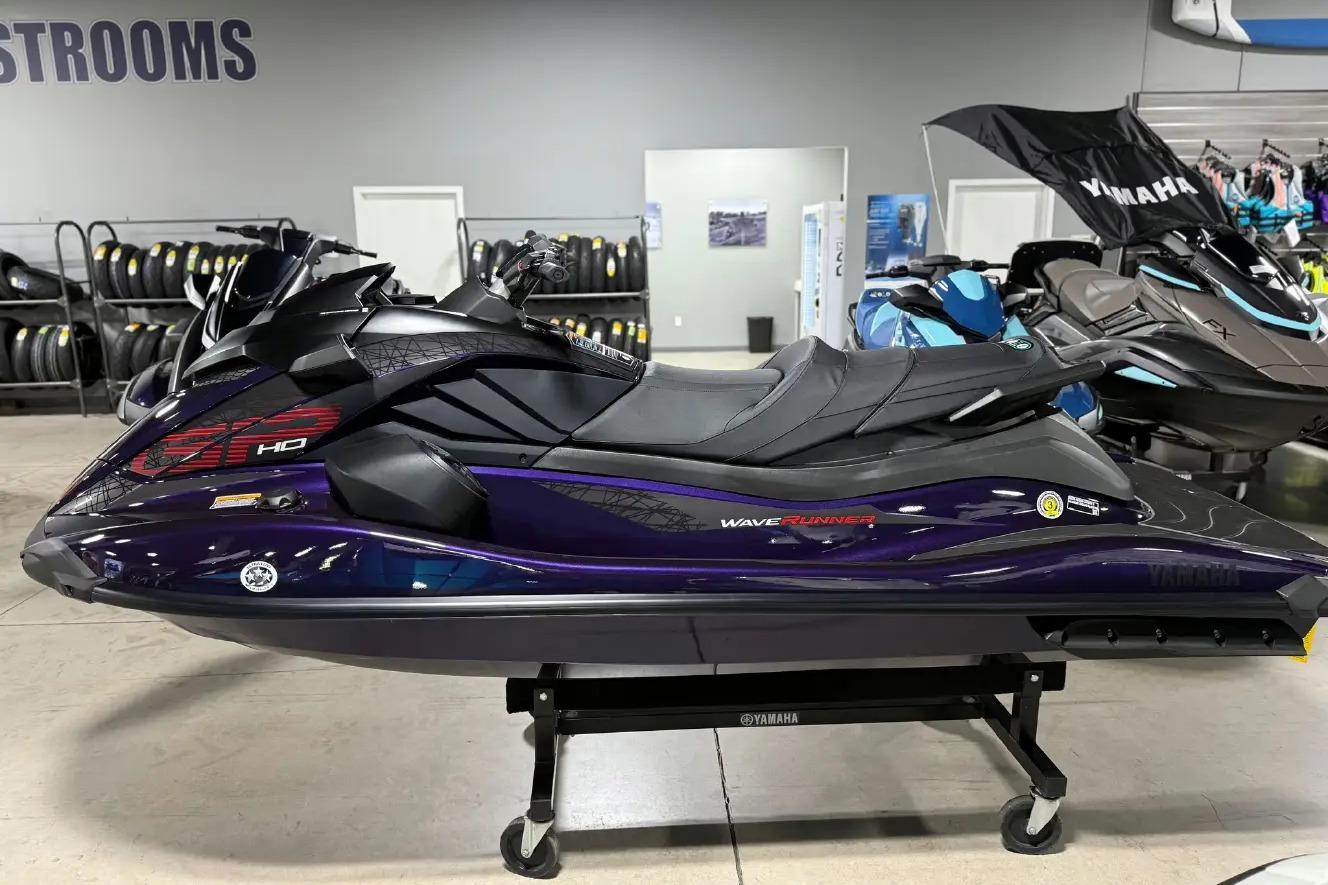 2026 Yamaha WaveRunner GP HO in showroom, sleek design, purple and black color scheme.