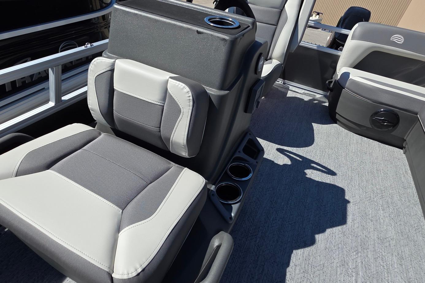 2026 Sun Tracker BB 16 XLS boat interior with gray seating and cup holders.