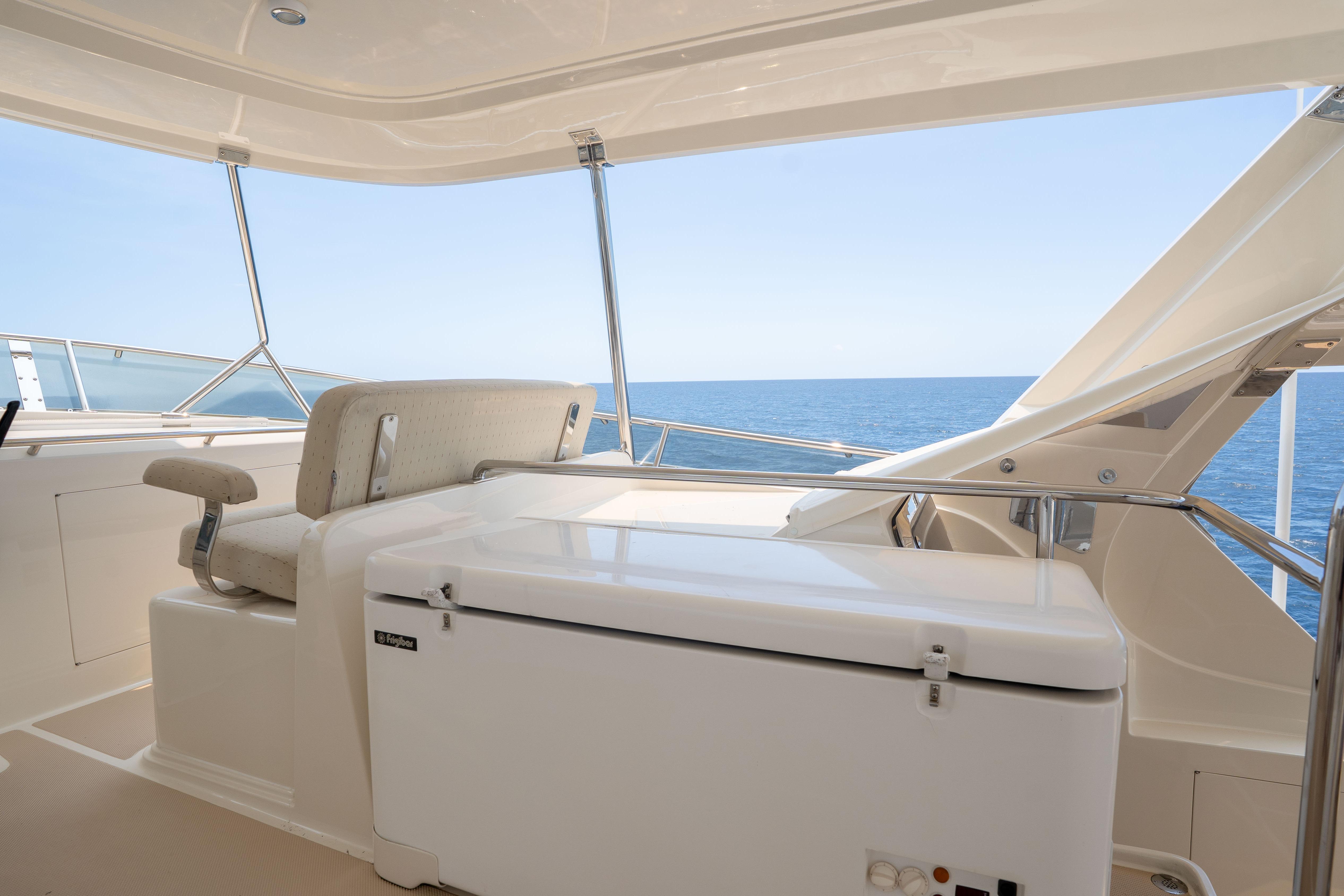Flybridge of 2006 Fleming 75 yacht with ocean view and seating area.
