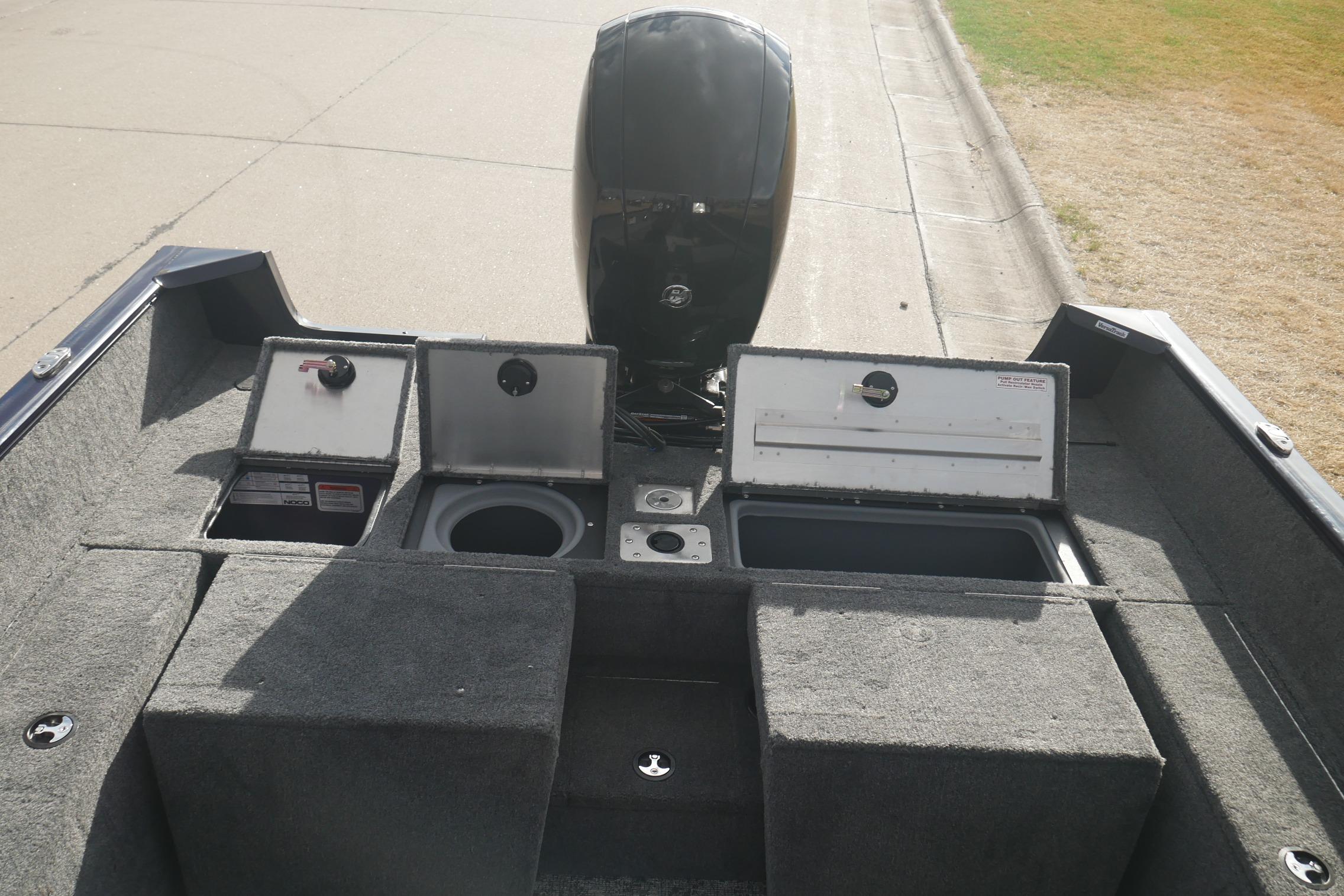 2026 Tracker Pro Guide V-175 Combo boat interior with open storage compartments.