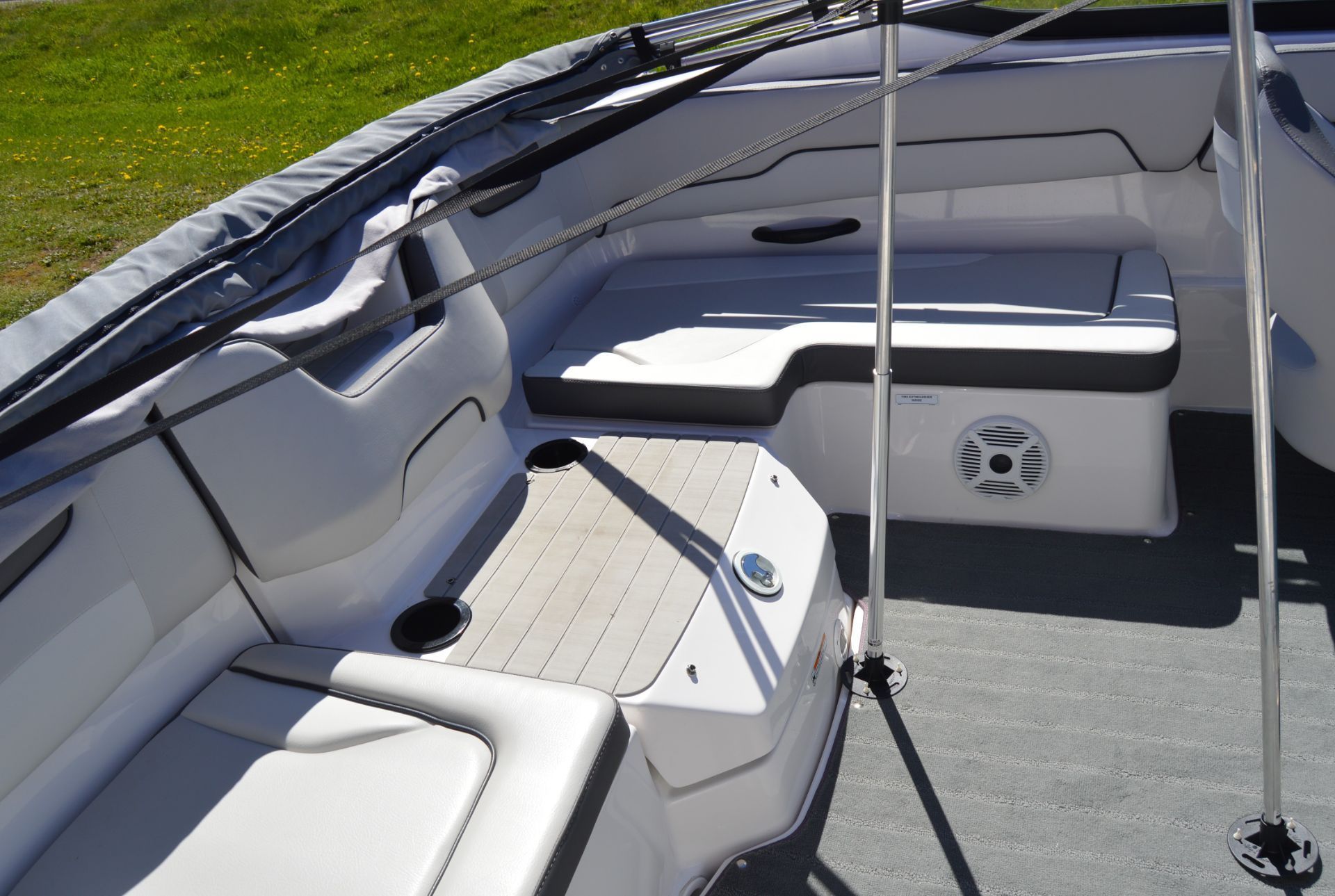 Interior view of a Yamaha SX190 boat with gray and white seating.