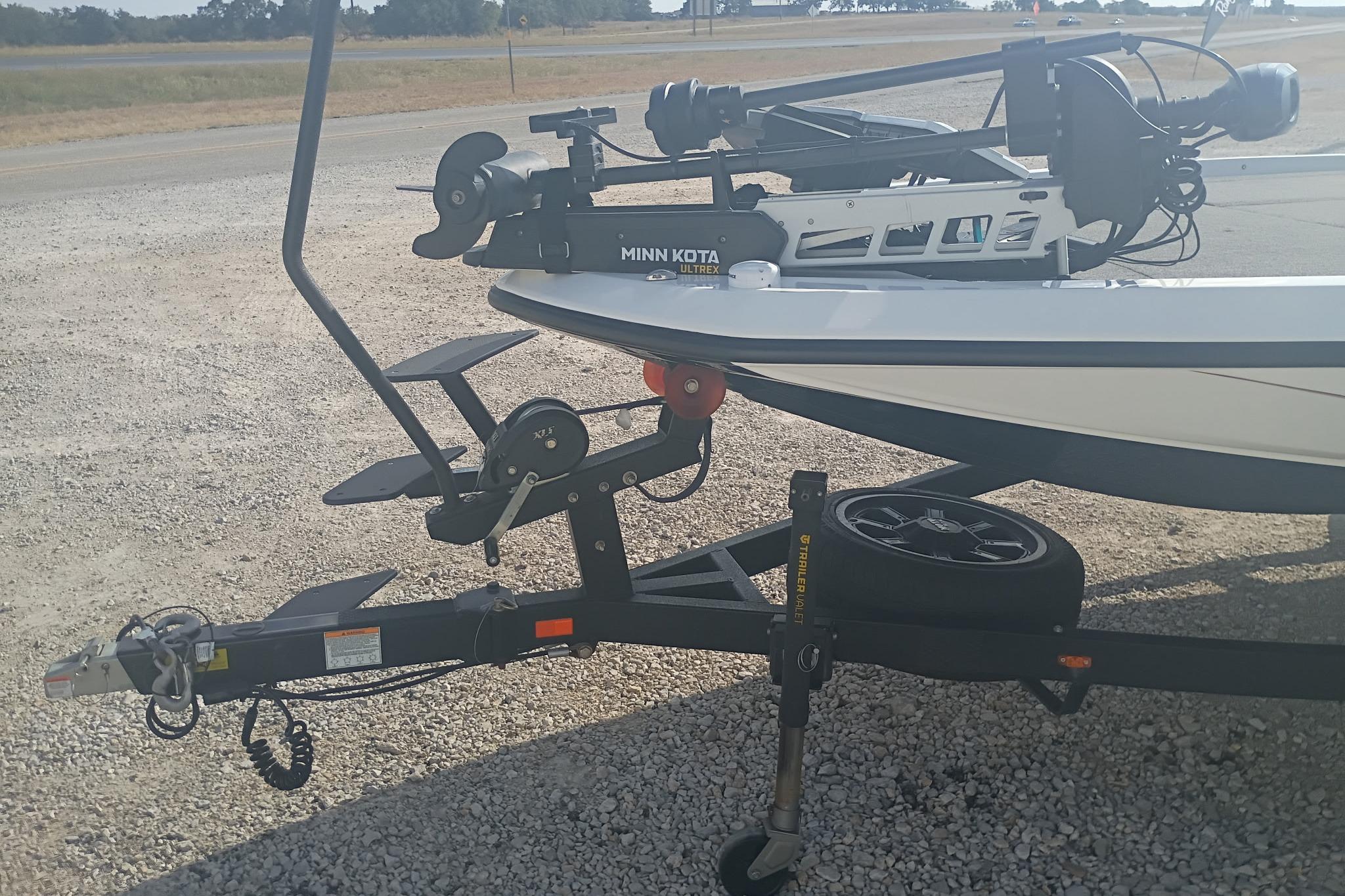 Trailer with Minn Kota Ultrex motor on iKon LX21 boat, 2024 model.