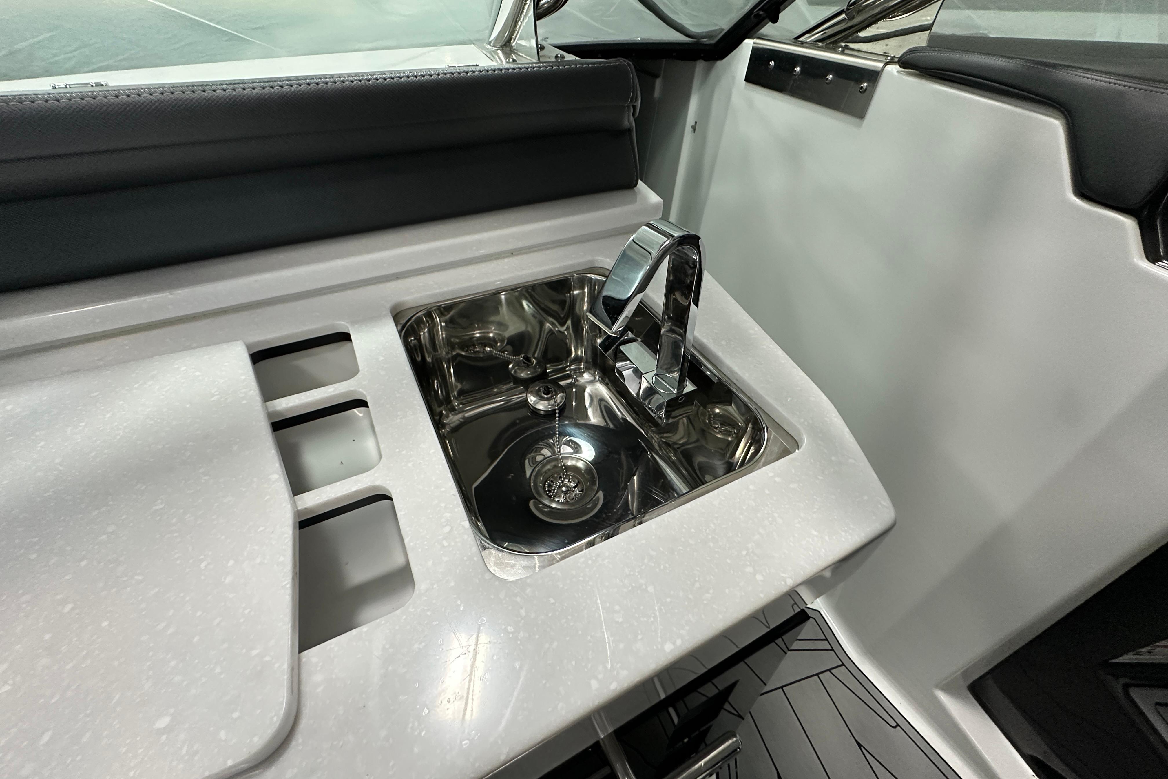 2023 Monterey 378SS Super Sport boat sink with sleek chrome faucet and modern design.