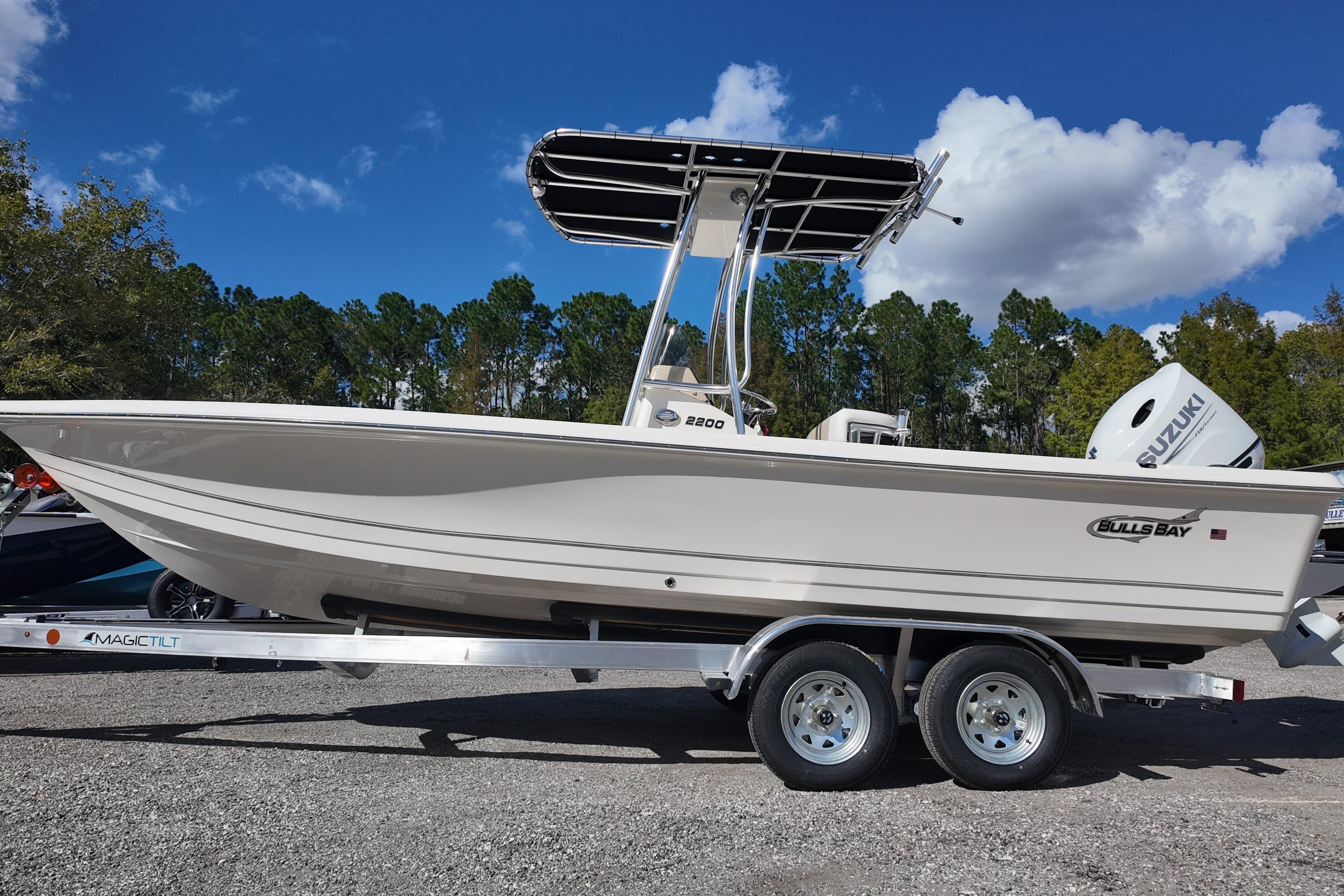 2026 Bulls Bay 2200 boat on trailer, featuring Suzuki engine, under clear blue sky.