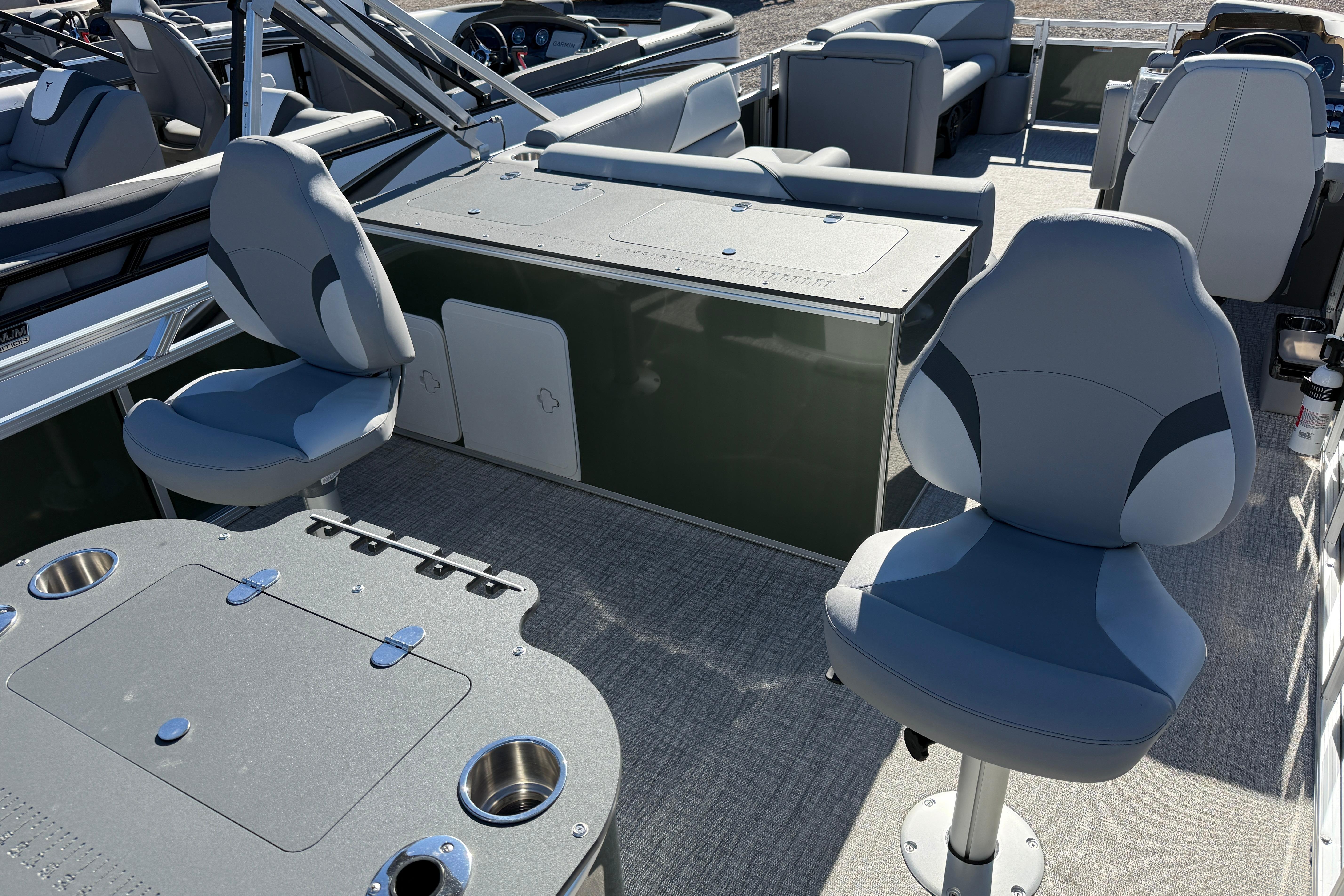 2026 Tahoe Pontoon Sport 85 Rear Fish interior with seating and fishing setup.