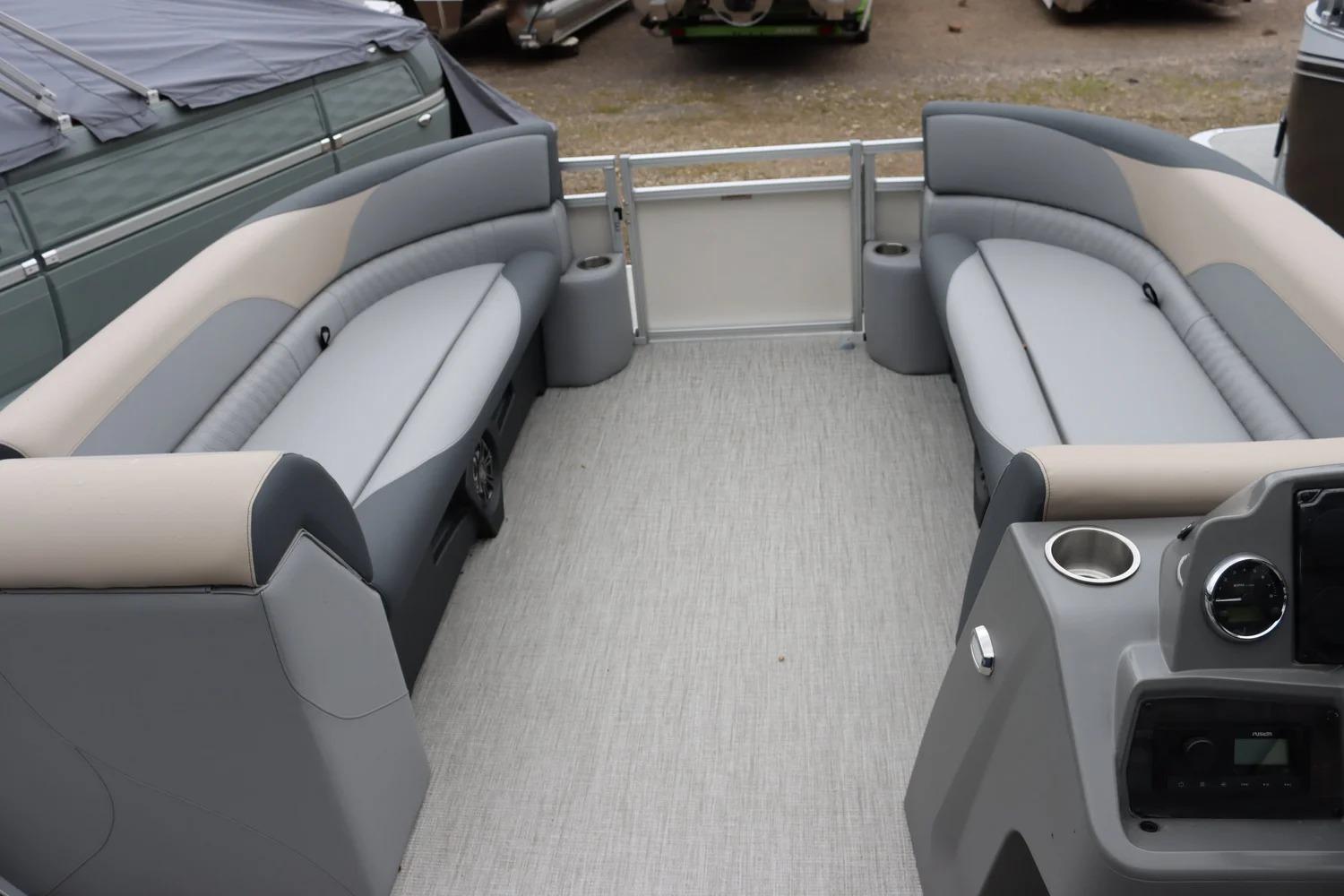2025 Tahoe Pontoon Sport 85 Cruise interior with spacious seating and modern dashboard.