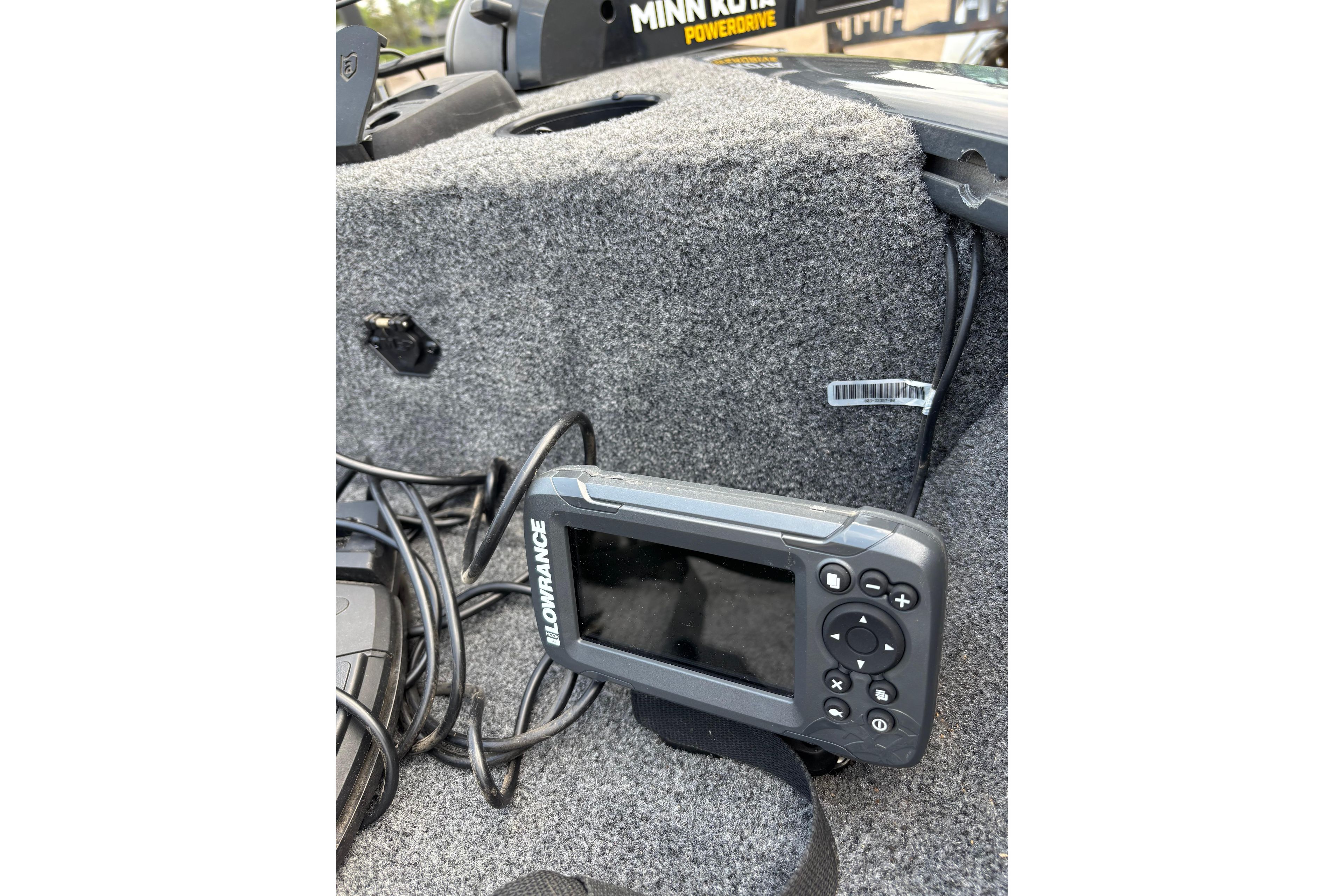 Lowrance fish finder on 2021 Tracker Pro Guide V-16 WT boat, with Minn Kota PowerDrive.