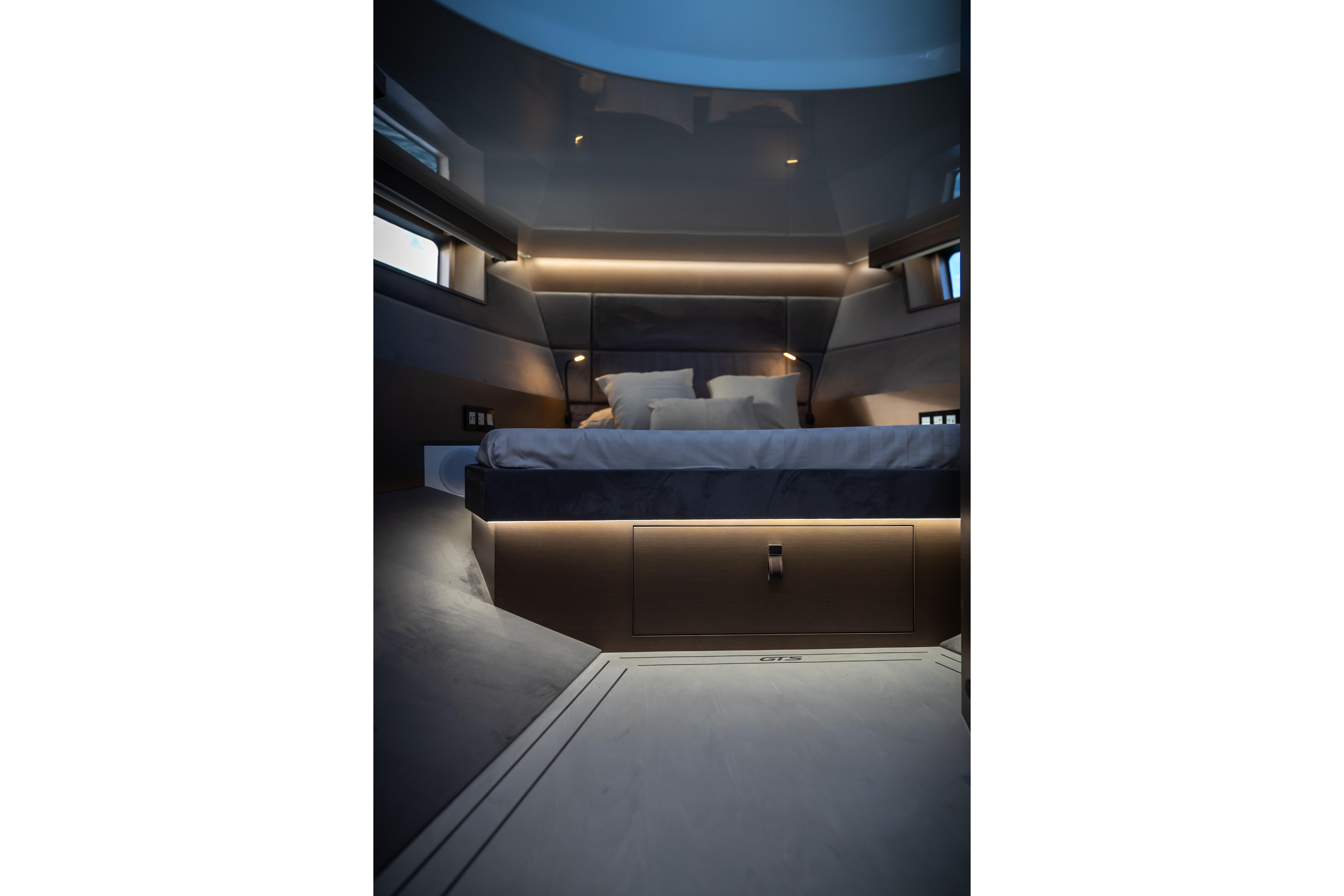 Luxurious bedroom in Tesoro 40 GTS yacht, year 2026.