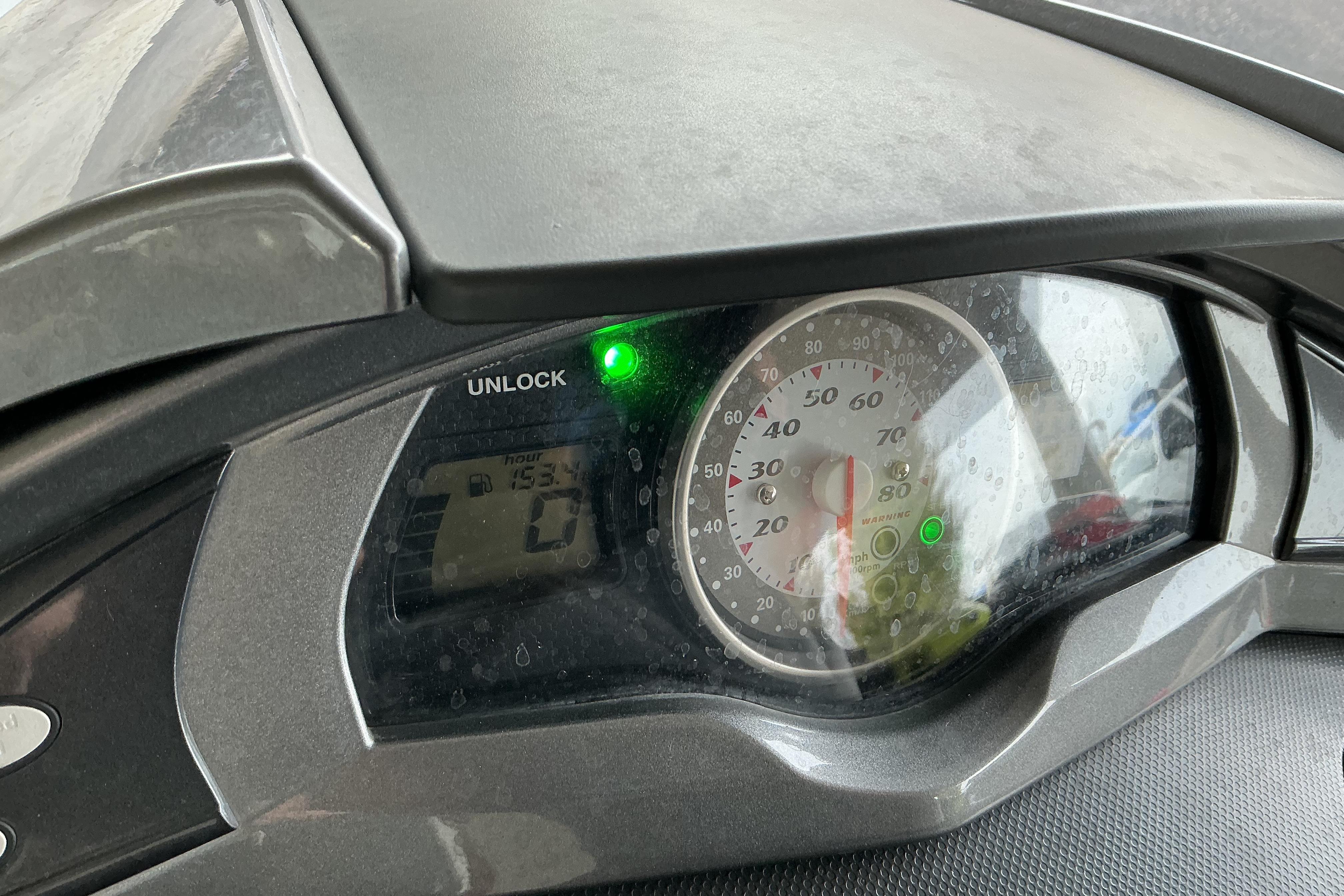 Dashboard of a 2008 Yamaha WaveRunner FX Cruiser SHO with speedometer and digital display.