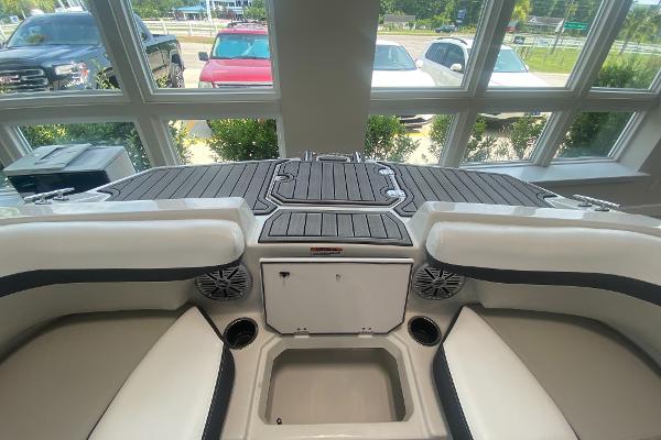 Interior view of 2024 Starcraft SVX 190 boat with seating and storage.