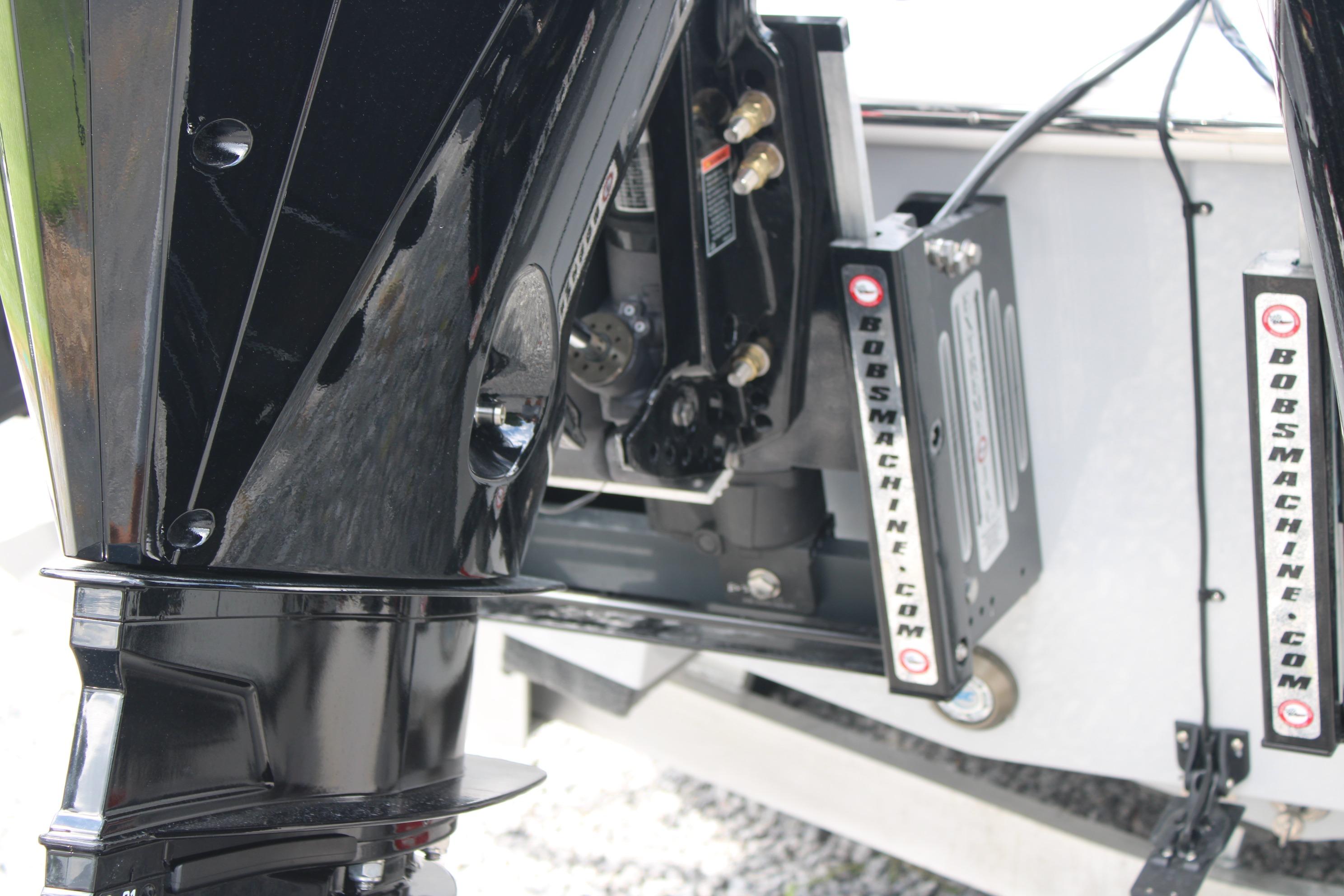Close-up of 2027 Blazer Bay Makaira 2800 boat engine components.