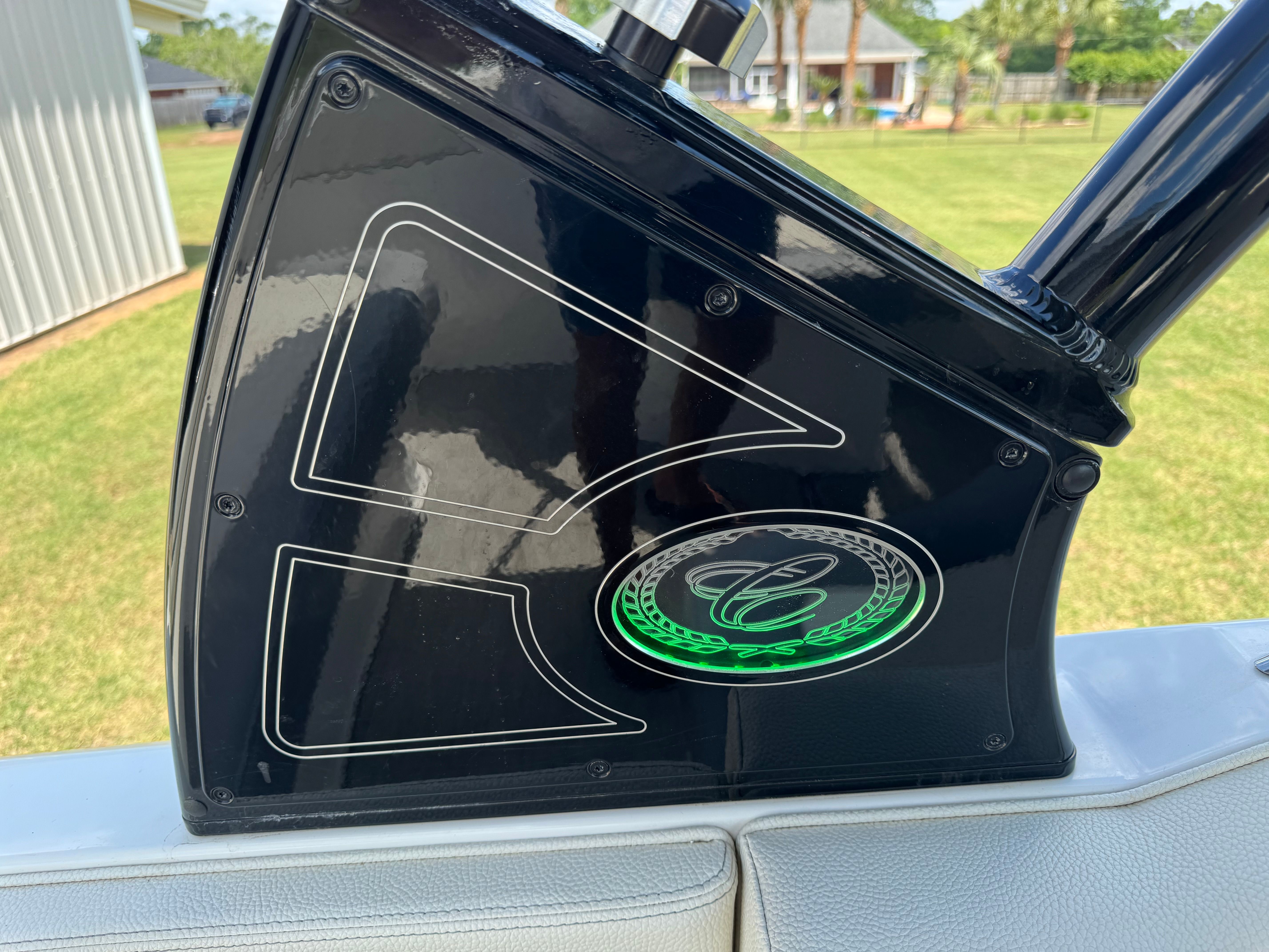 Close-up of Cobalt 23SC 2021 boat part with logo.