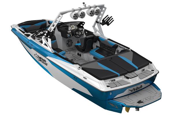 Manufacturer Provided Image: 2019 Axis A22 wakeboard boat with blue and white exterior, advanced sound system, and spacious seating.