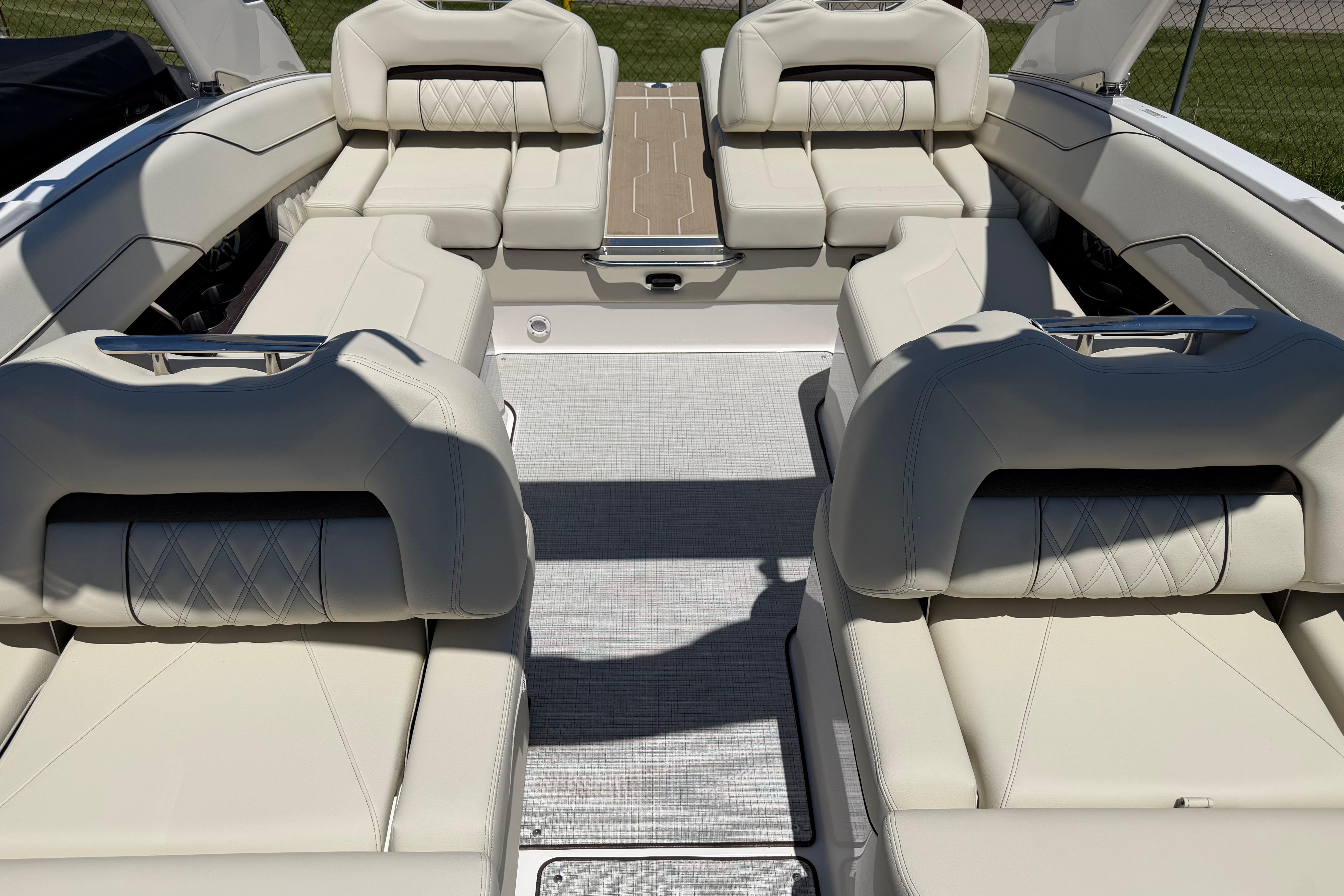 Luxurious interior of 2026 Regal LS4 boat with plush seating and elegant design.