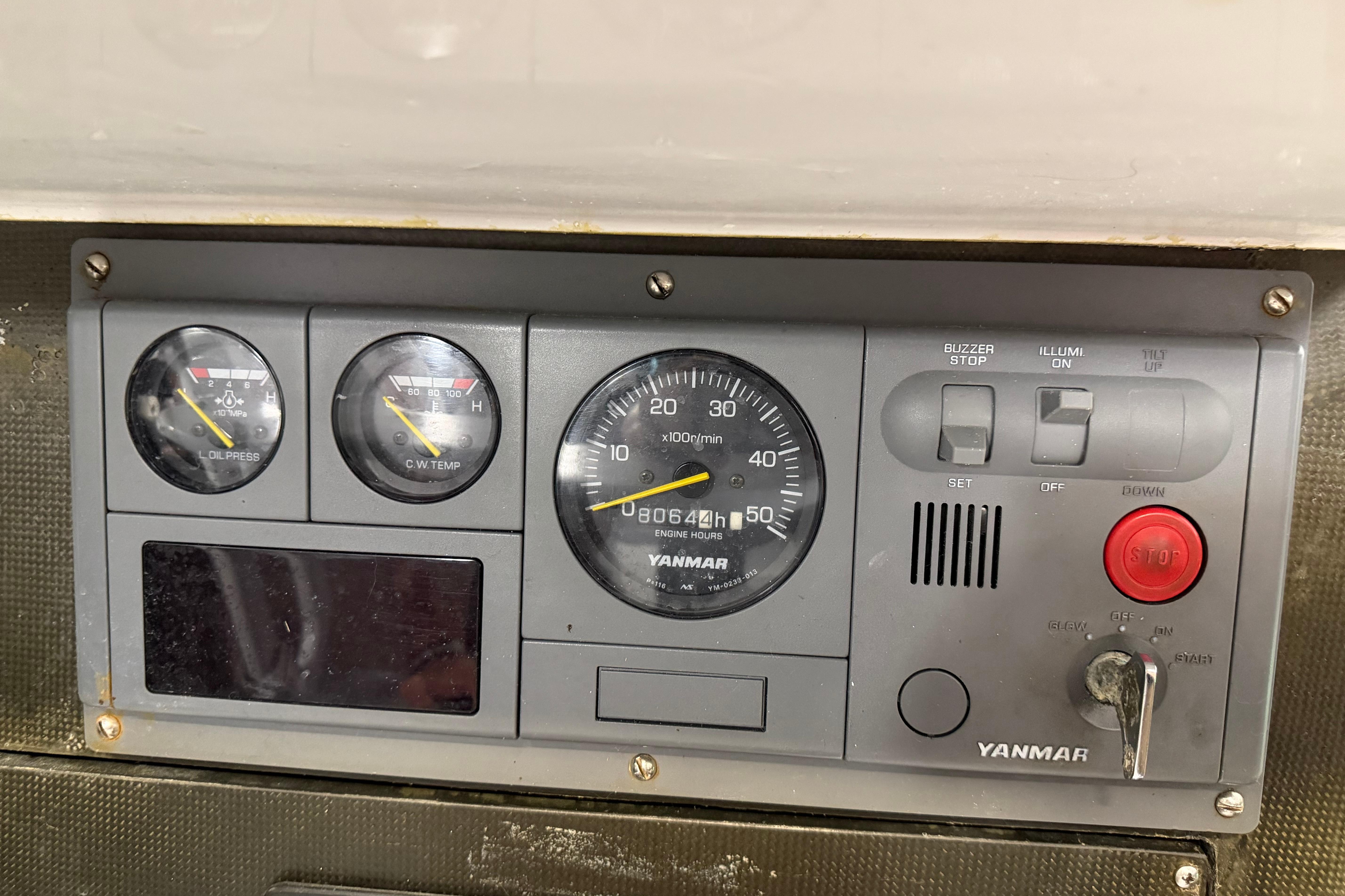 Control panel of Andrews 63 with Yanmar engine gauges and switches.