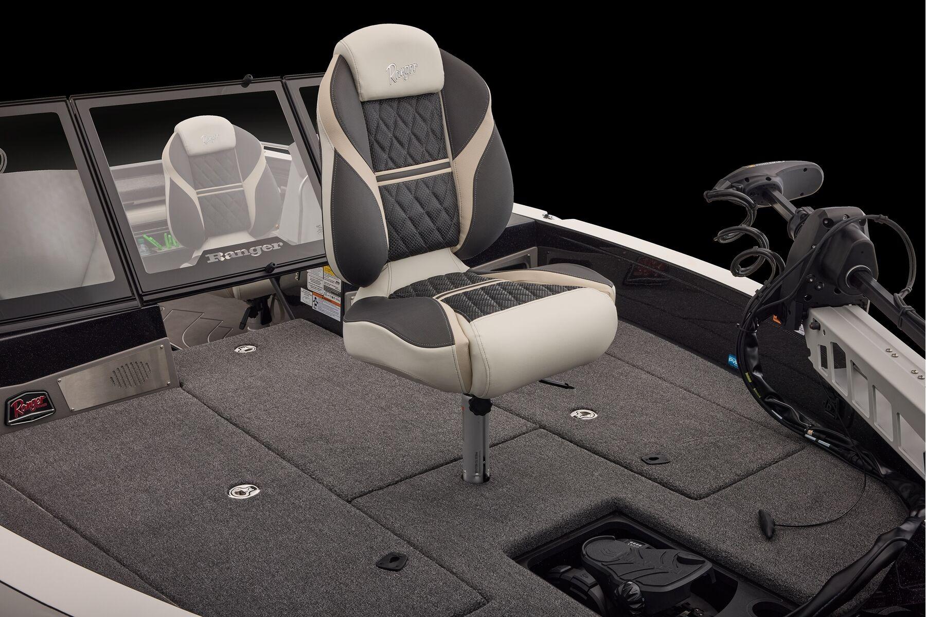 Manufacturer Provided Image: 2026 Ranger 620xFS Pro boat interior with cushioned seat and trolling motor.