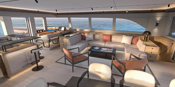 Luxurious Lagoon 83 yacht interior, 2025 model, featuring modern seating and ocean views.