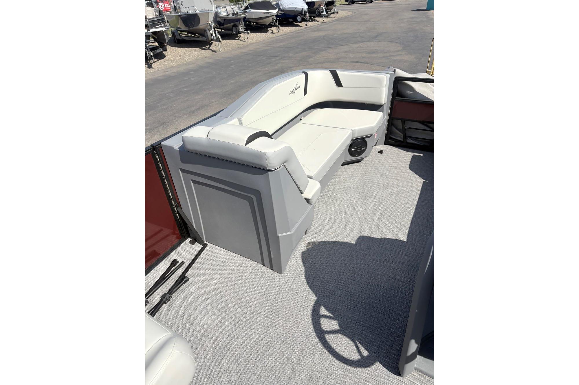2026 SunChaser Lucerne 22 LR DH pontoon boat interior with plush seating and modern design.