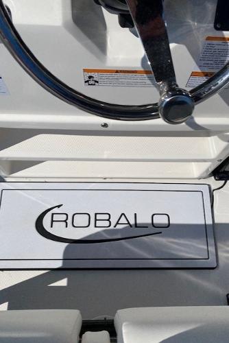 2024 Robalo R222 Center Console boat steering wheel and logo.