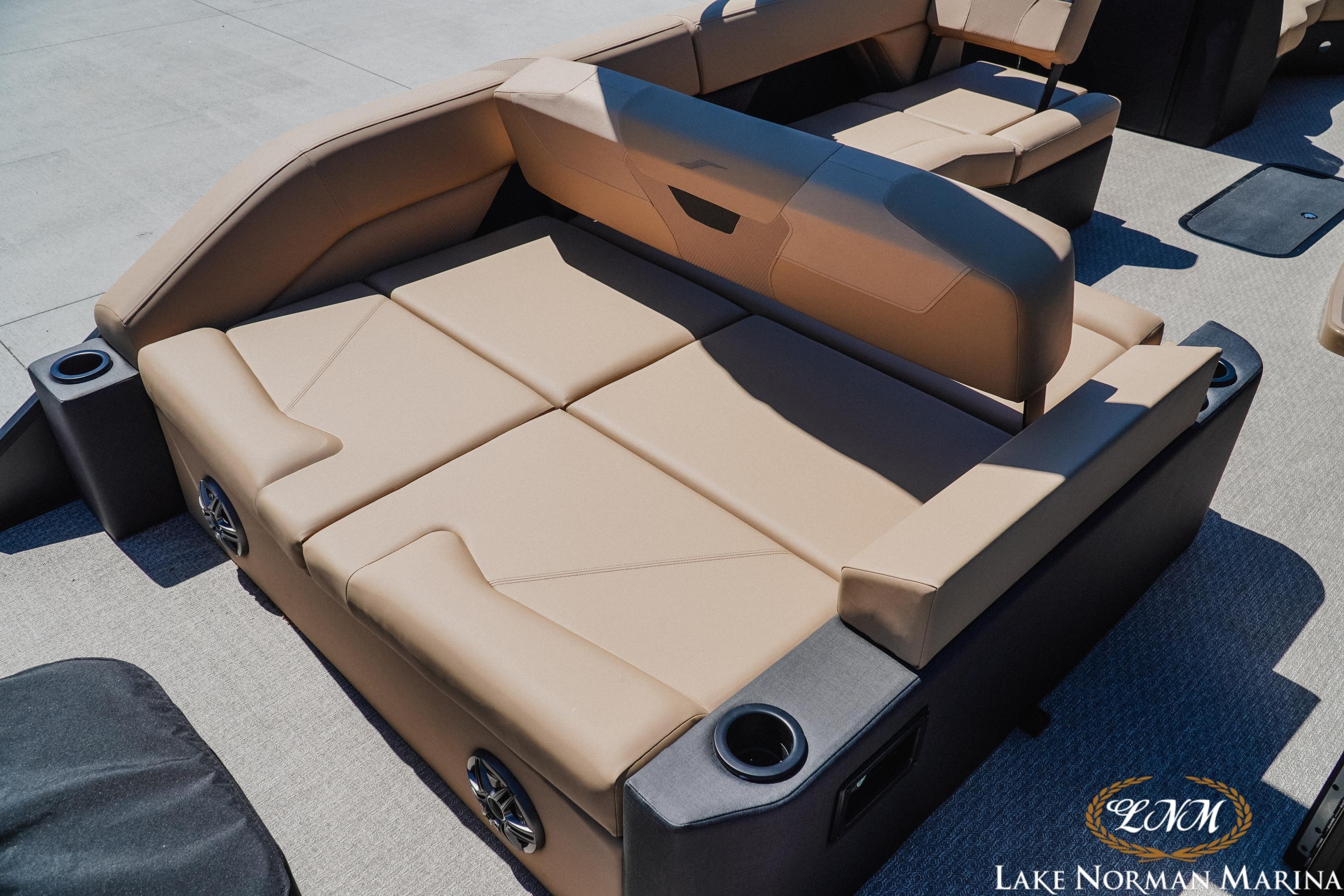 Luxurious seating on 2026 Evotti 523CS boat at Lake Norman Marina.