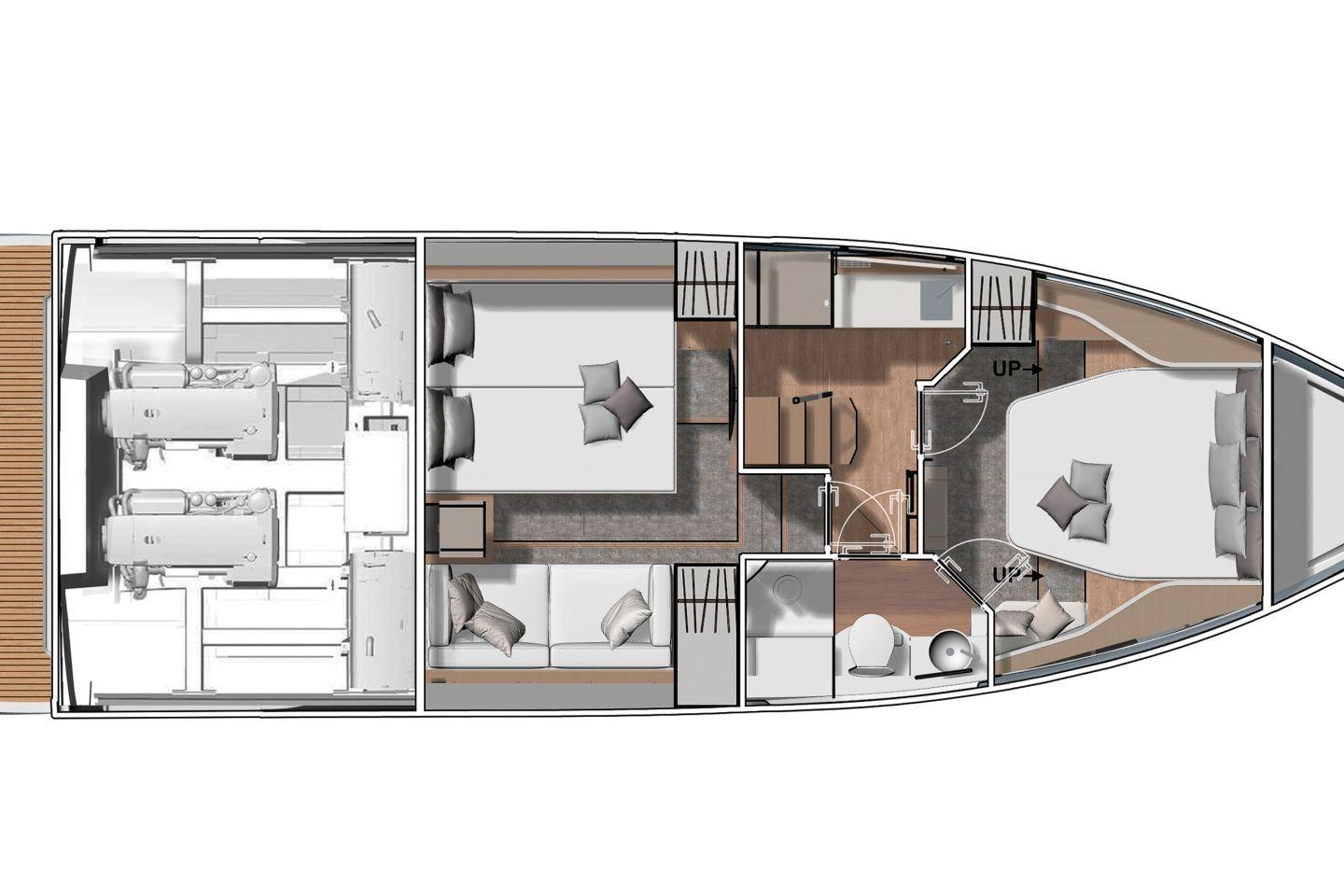 Floor plan of 2025 Jeanneau DB/43 OB boat, featuring cabins and engine layout.