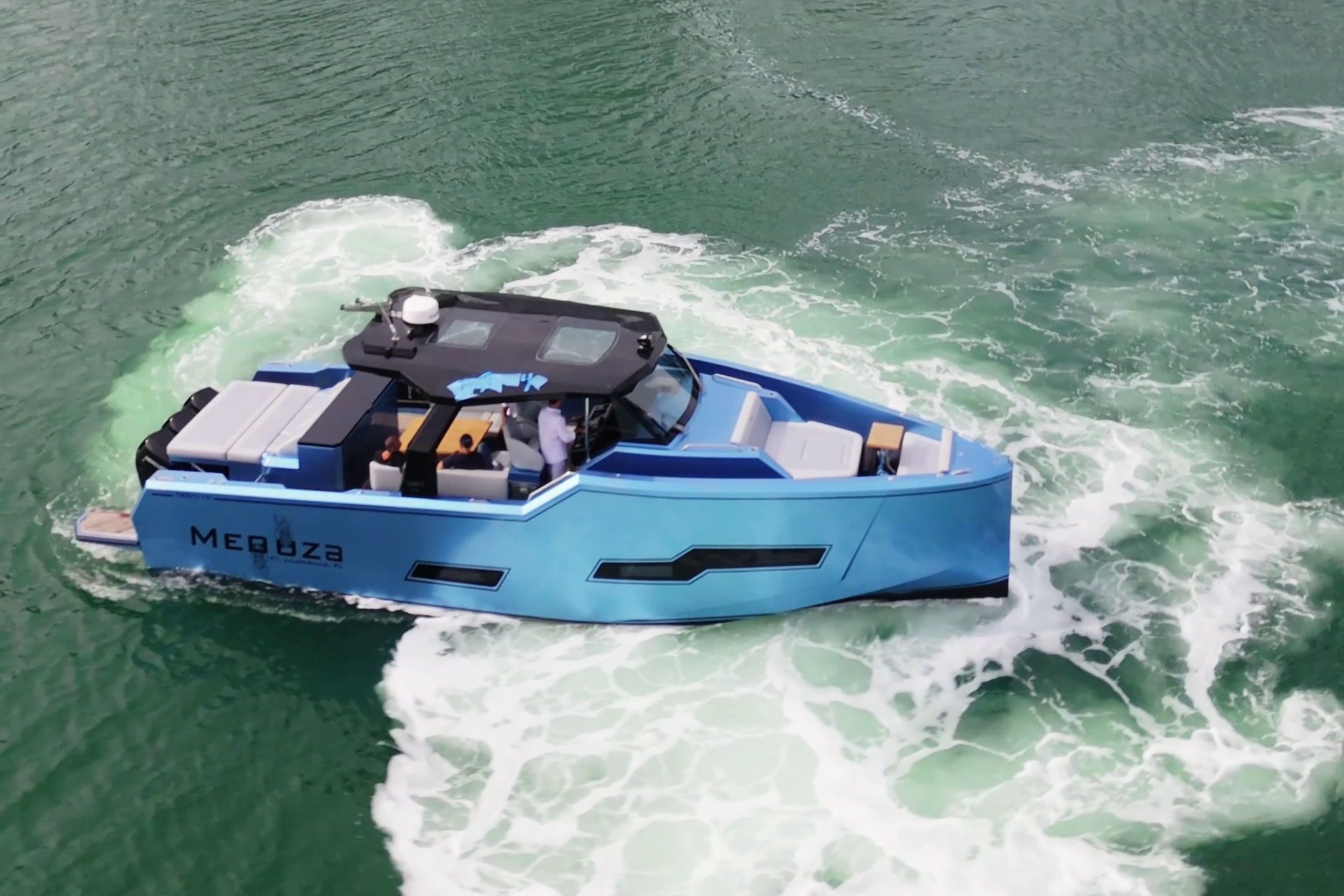 Fabbro F45 Cabrio Outboard 2025 in blue water with sleek design and spacious deck.