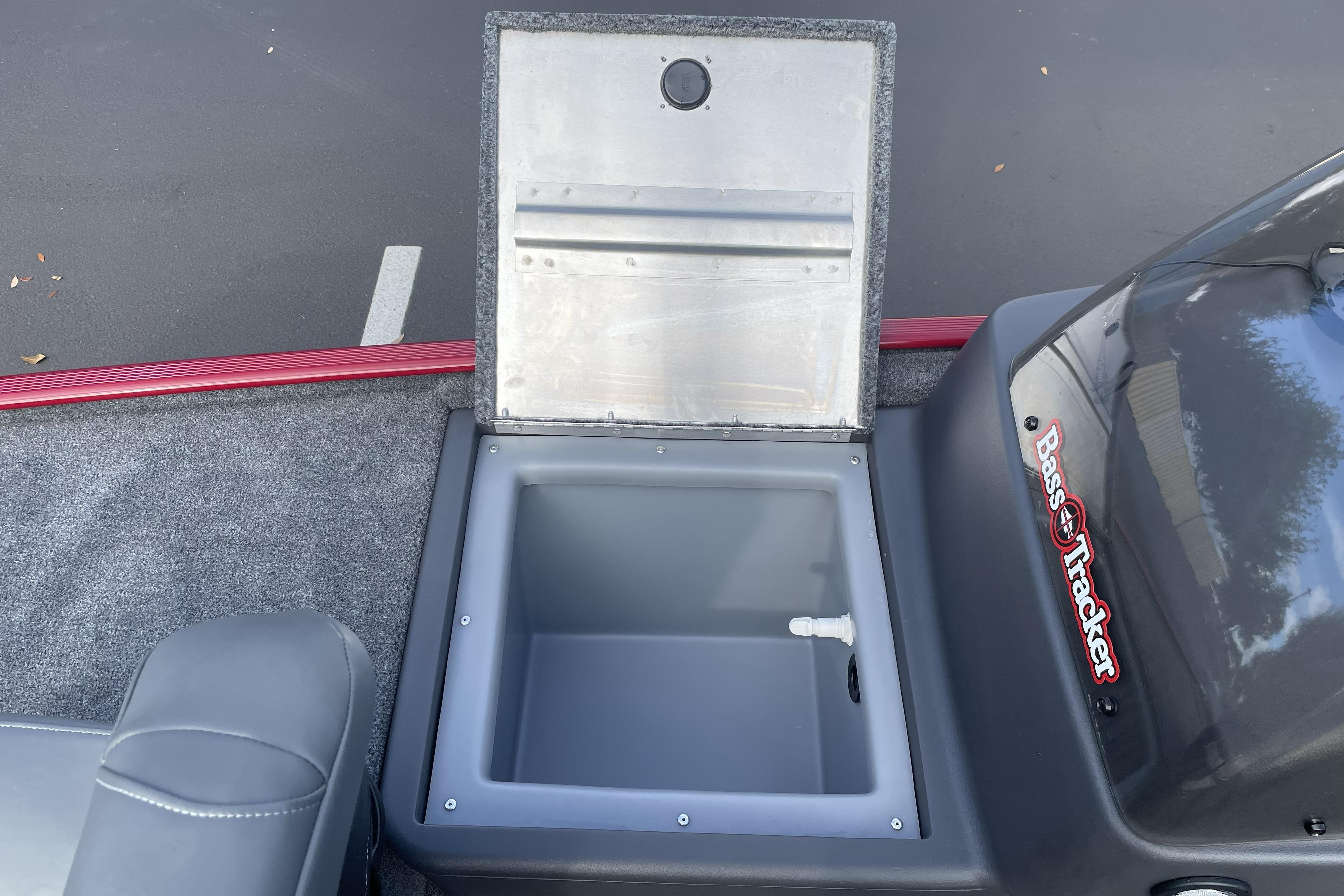 Open storage compartment on 2026 Tracker Bass Tracker Classic XL boat.