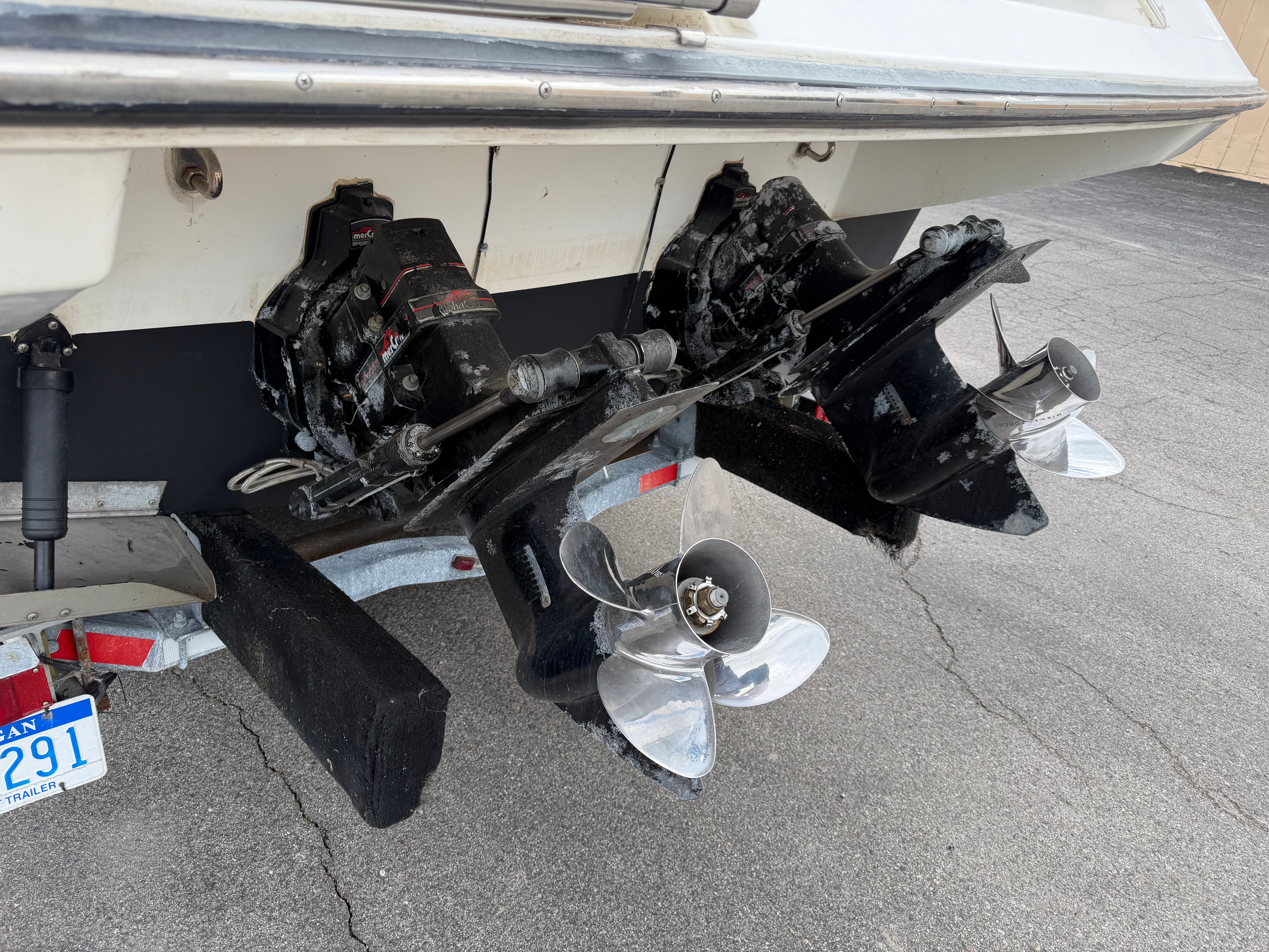 Rear view of 1990 Chaparral Signature 30 with dual engines.