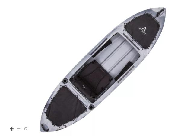 2021 Ascend H10 Hybrid Sit-In kayak, top view, gray with black seat and storage areas.