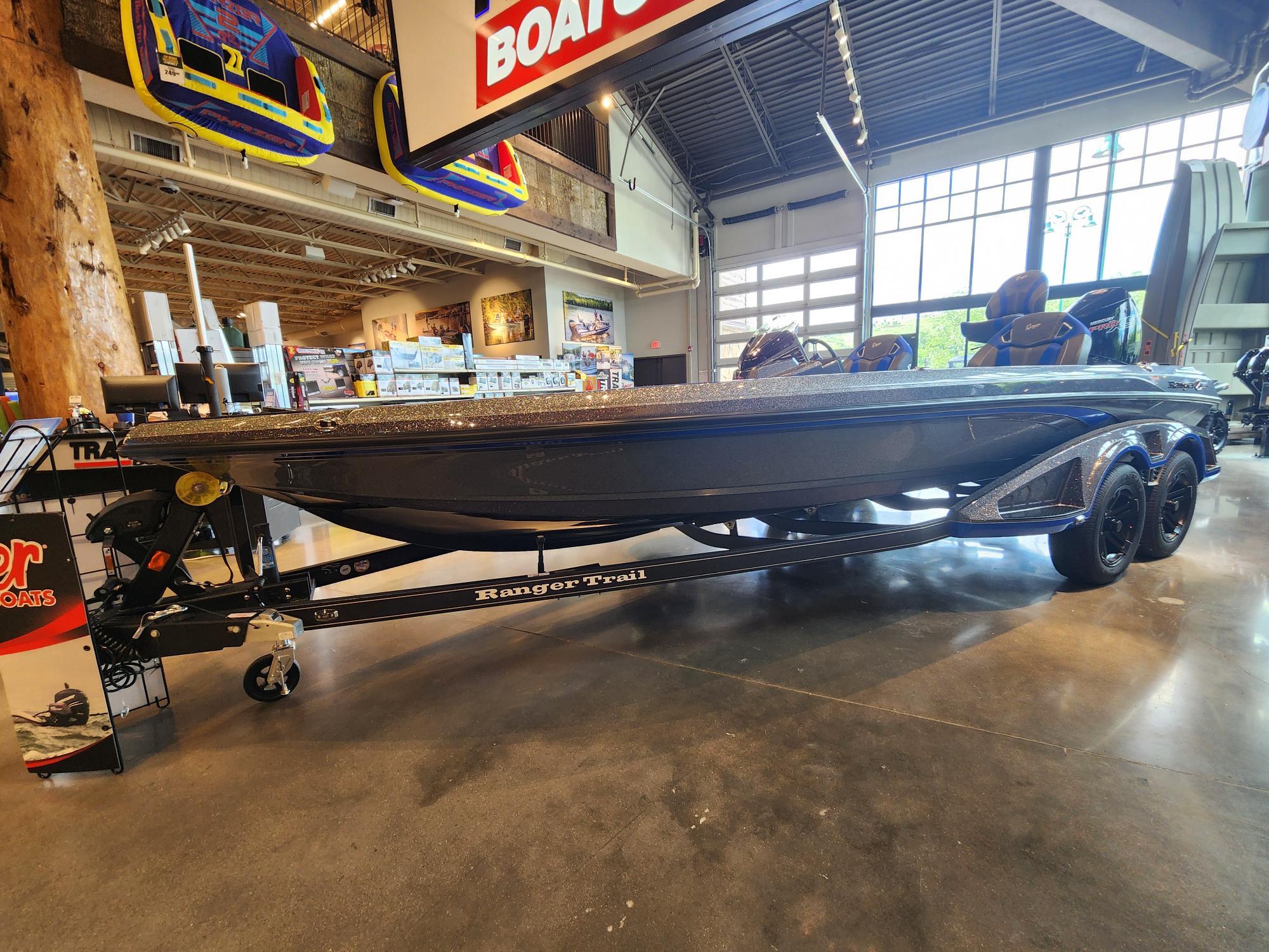 2025 Ranger Z521R boat displayed indoors on a trailer.