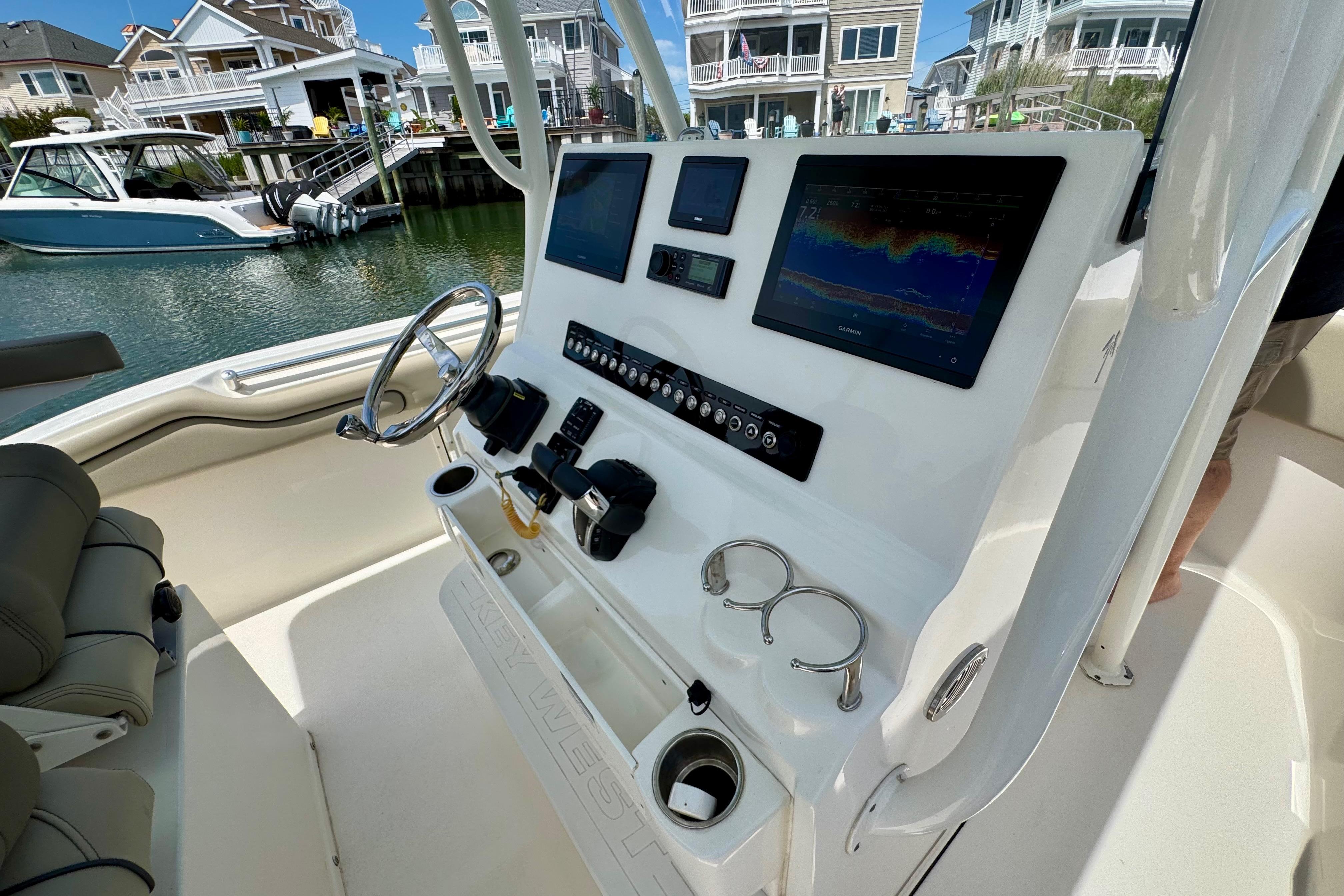 2022 Key West 263 FS boat dashboard with navigation screens and controls.