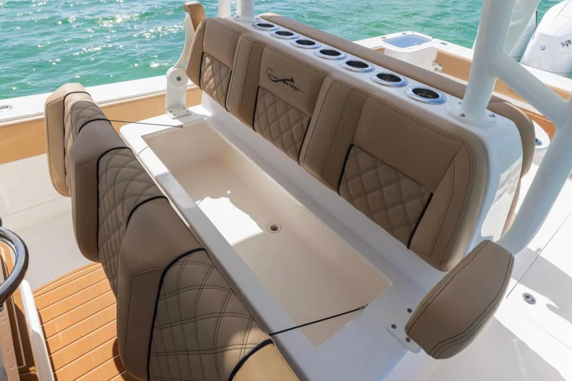 2025 Blackwater 41 Performance Fish boat with luxurious seating and rod holders.