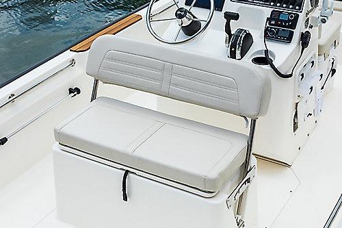 2026 Boston Whaler 170 Montauk boat interior with steering console and seating.