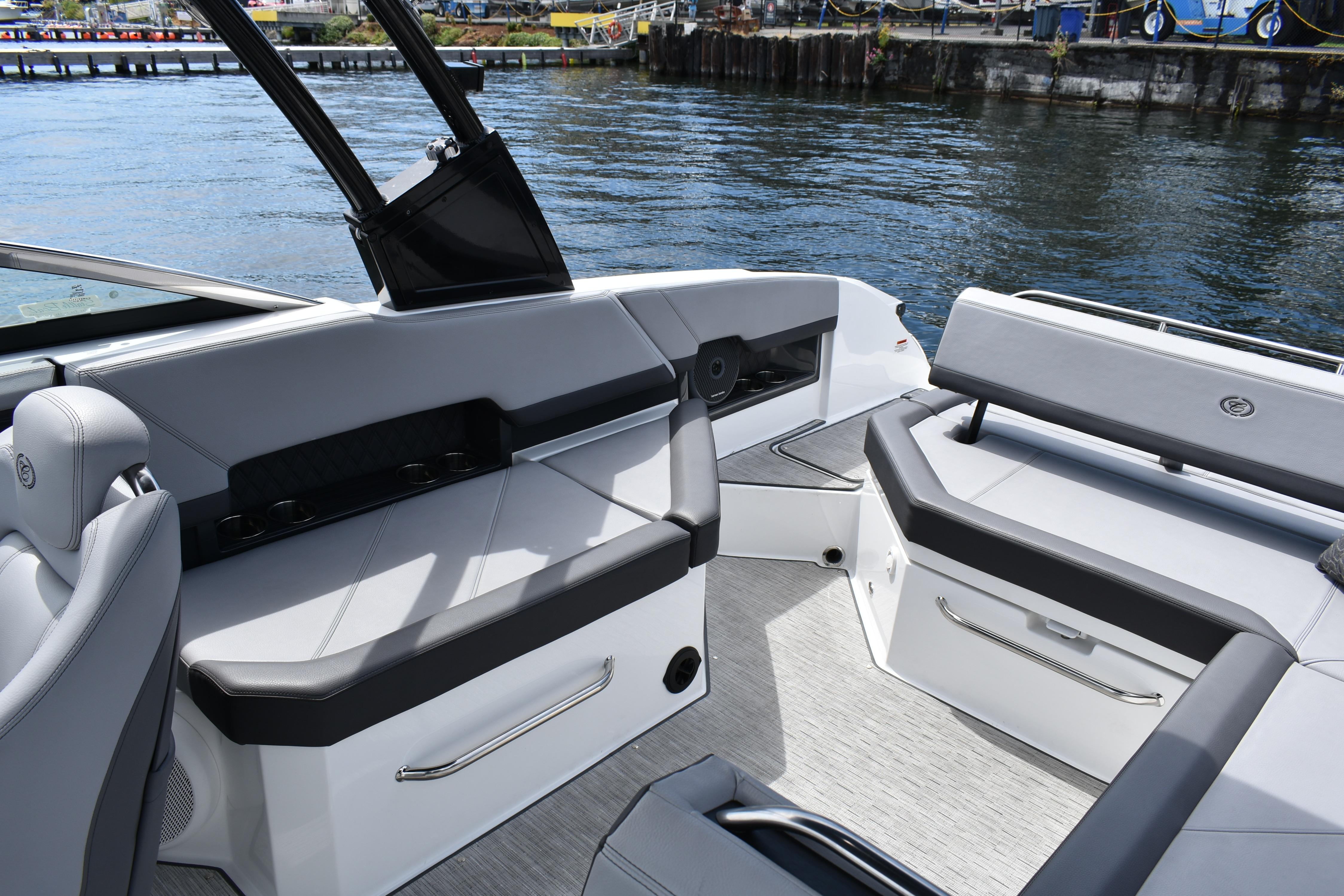 2023 Cobalt R8 boat interior with sleek seating and waterfront view.